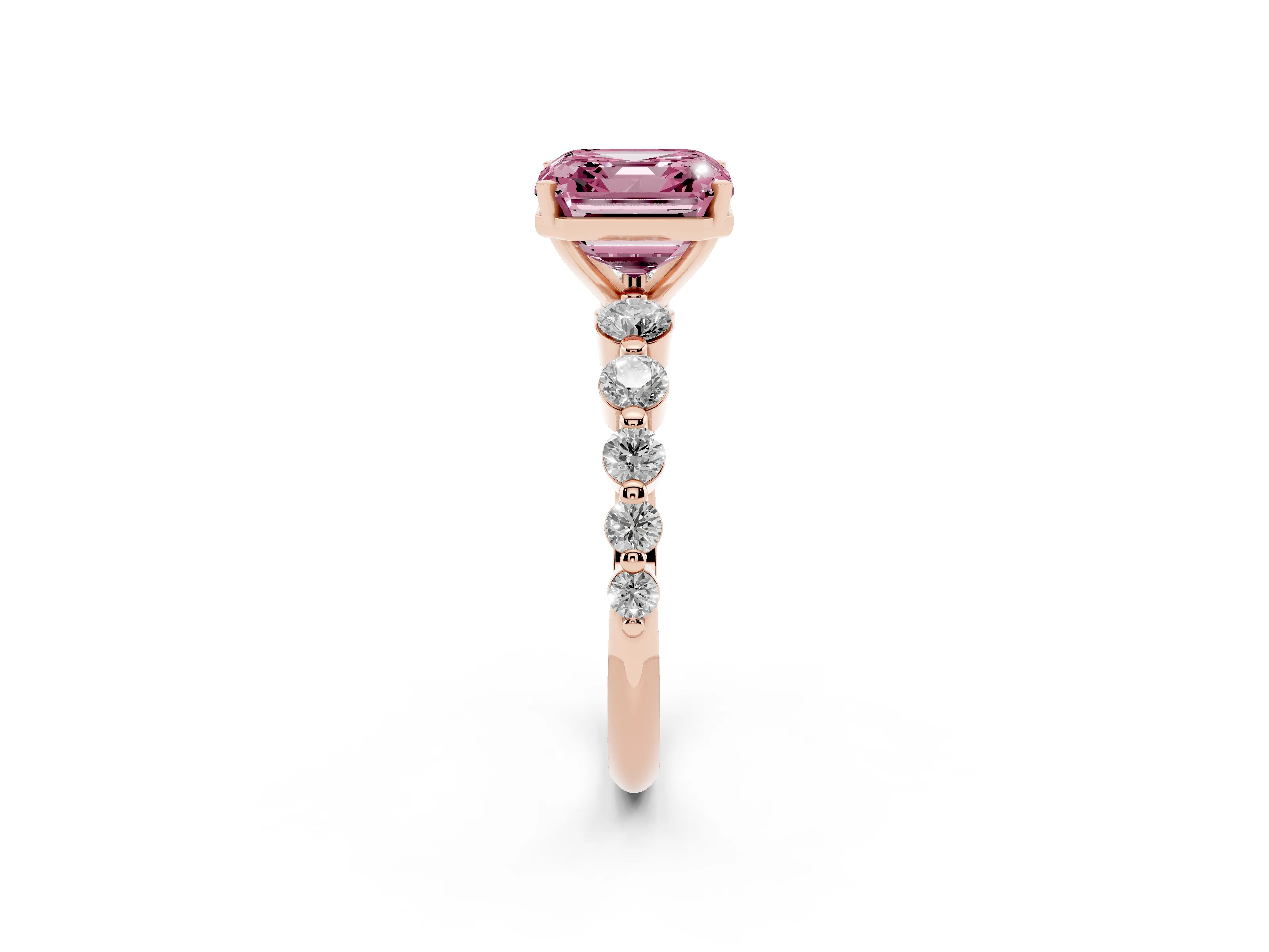 Fancy Pink Asscher Cut Diamond Solitaire Ring Set in Rose gold with Pavé Band and Prong Setting