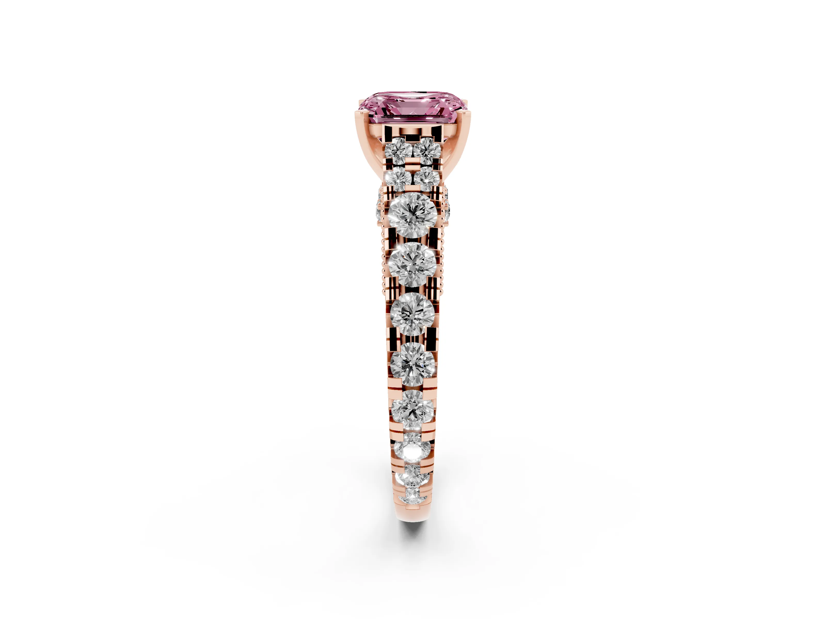 Fancy Pink Asscher Cut Diamond Classic Solitaire Ring Set in Rose gold with Pavé Band and Prong Setting