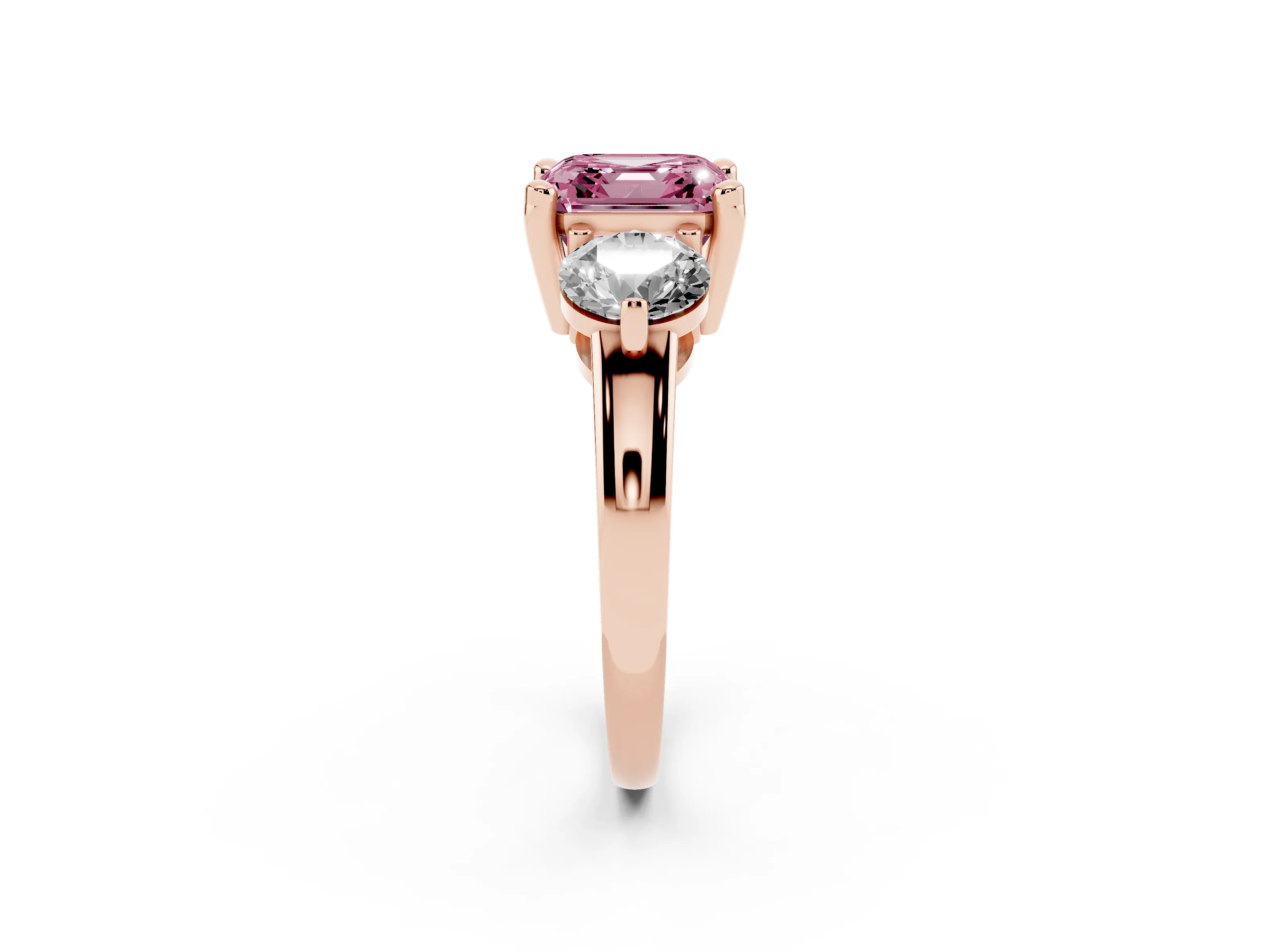 Fancy Pink Asscher Cut Diamond Three-Stone Ring Set in Rose gold with Prong Setting and Classic Band