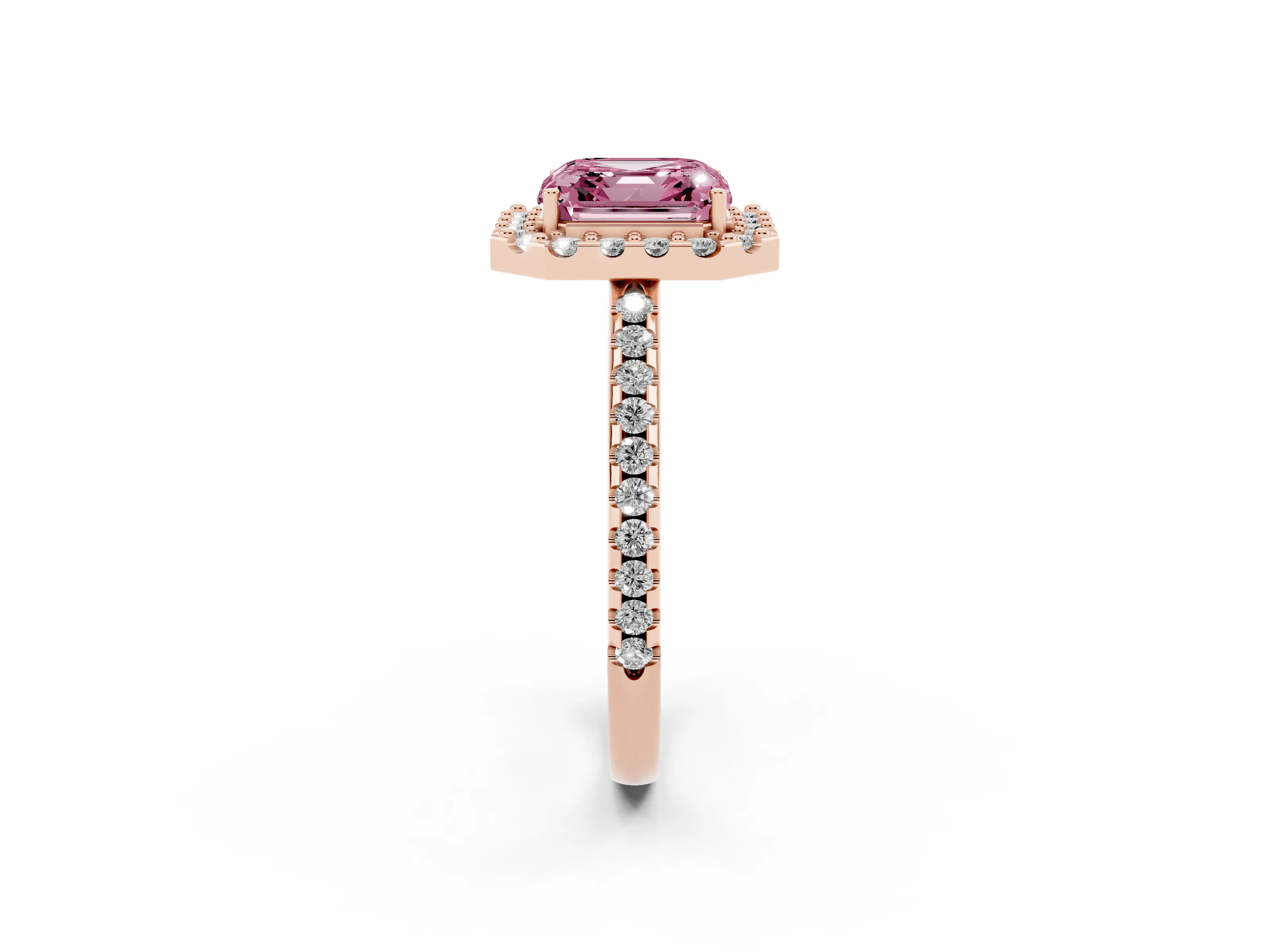 Fancy Pink Asscher Cut Diamond Pavé Halo Ring Set in Rose gold with Prong Setting