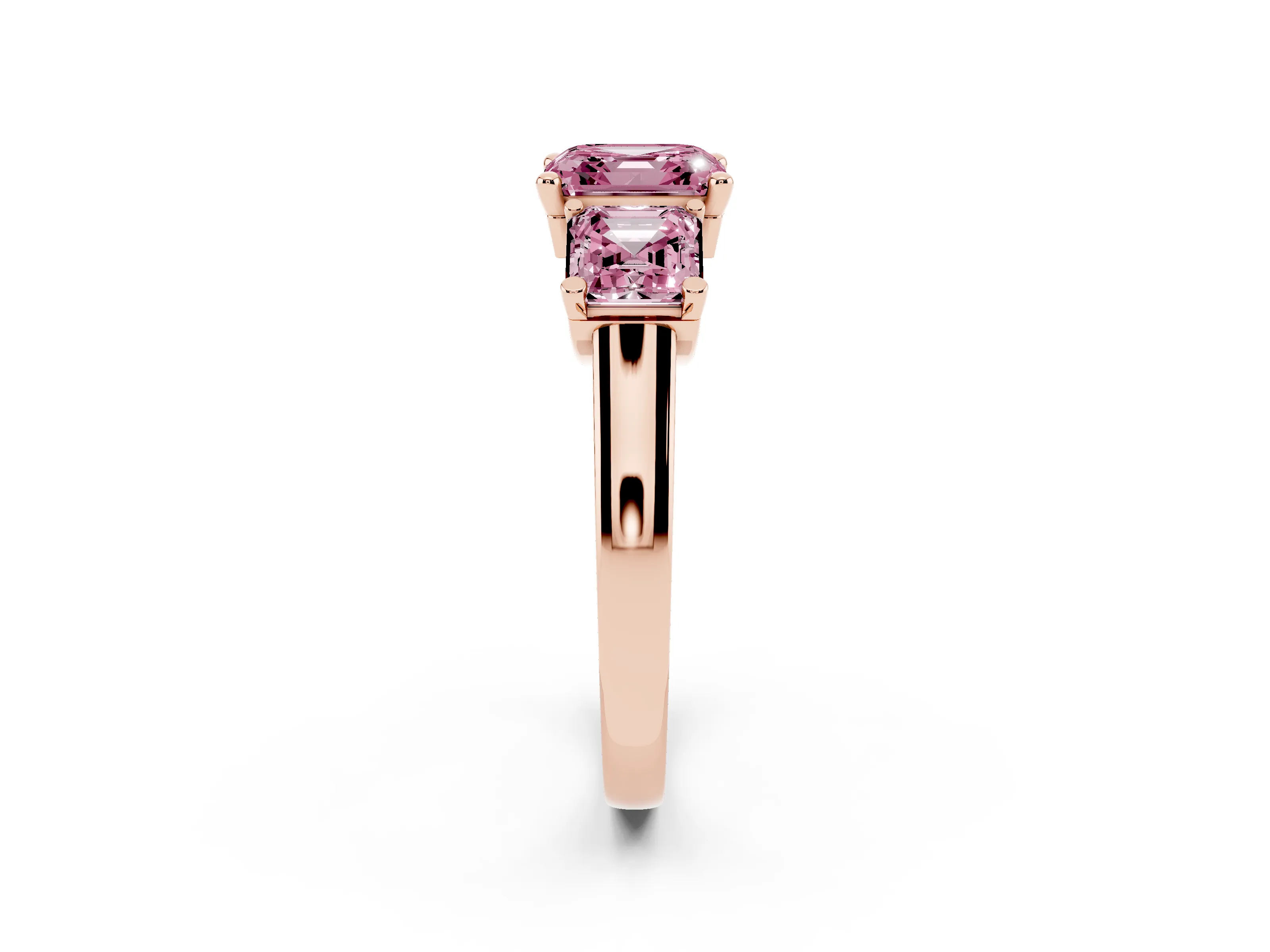 Fancy Pink Asscher Cut Diamond Three-Stone Trellis Ring Set in Rose gold with Comfort Fit Band