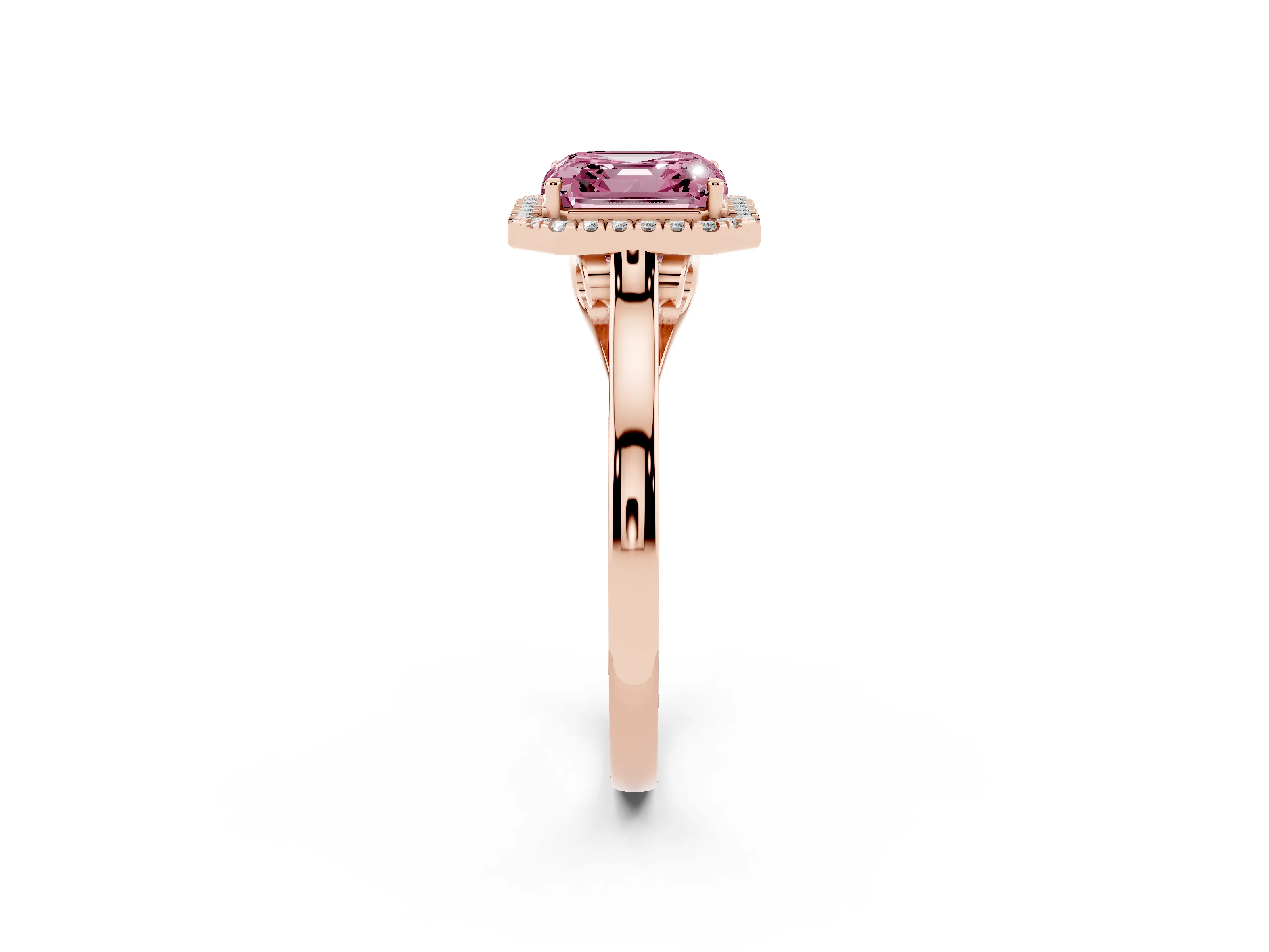 Fancy Pink Asscher Cut Halo Round Diamond Solitaire Ring Set in Rose gold with Pavé Band and Prong Setting