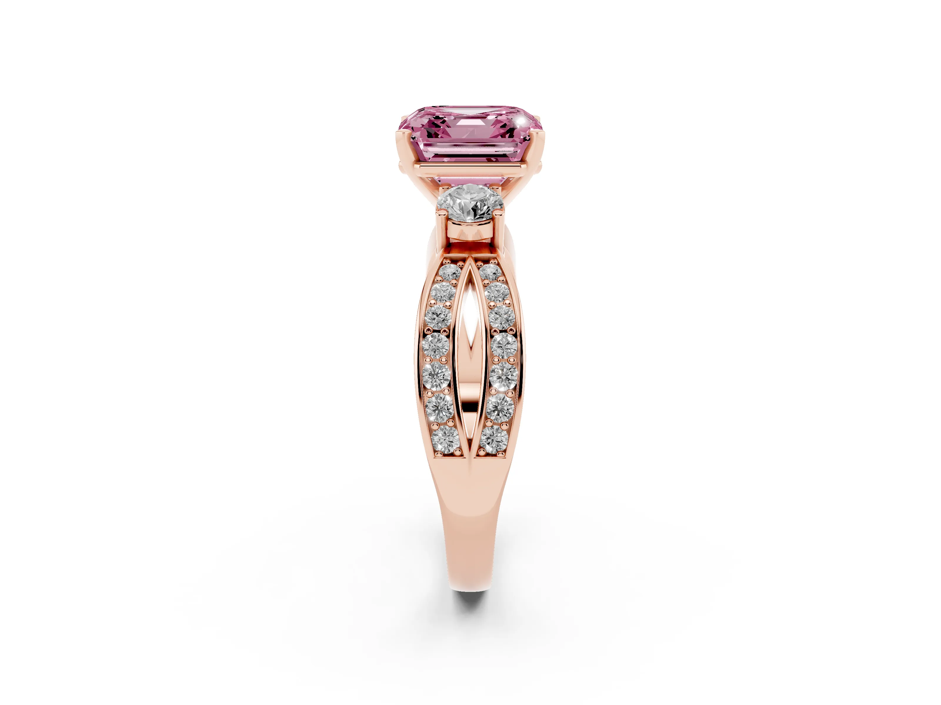Fancy Pink Three-Stone Asscher Cut Diamond Twist Band Ring Set in Rose gold with Pavé Accents and Prong Setting