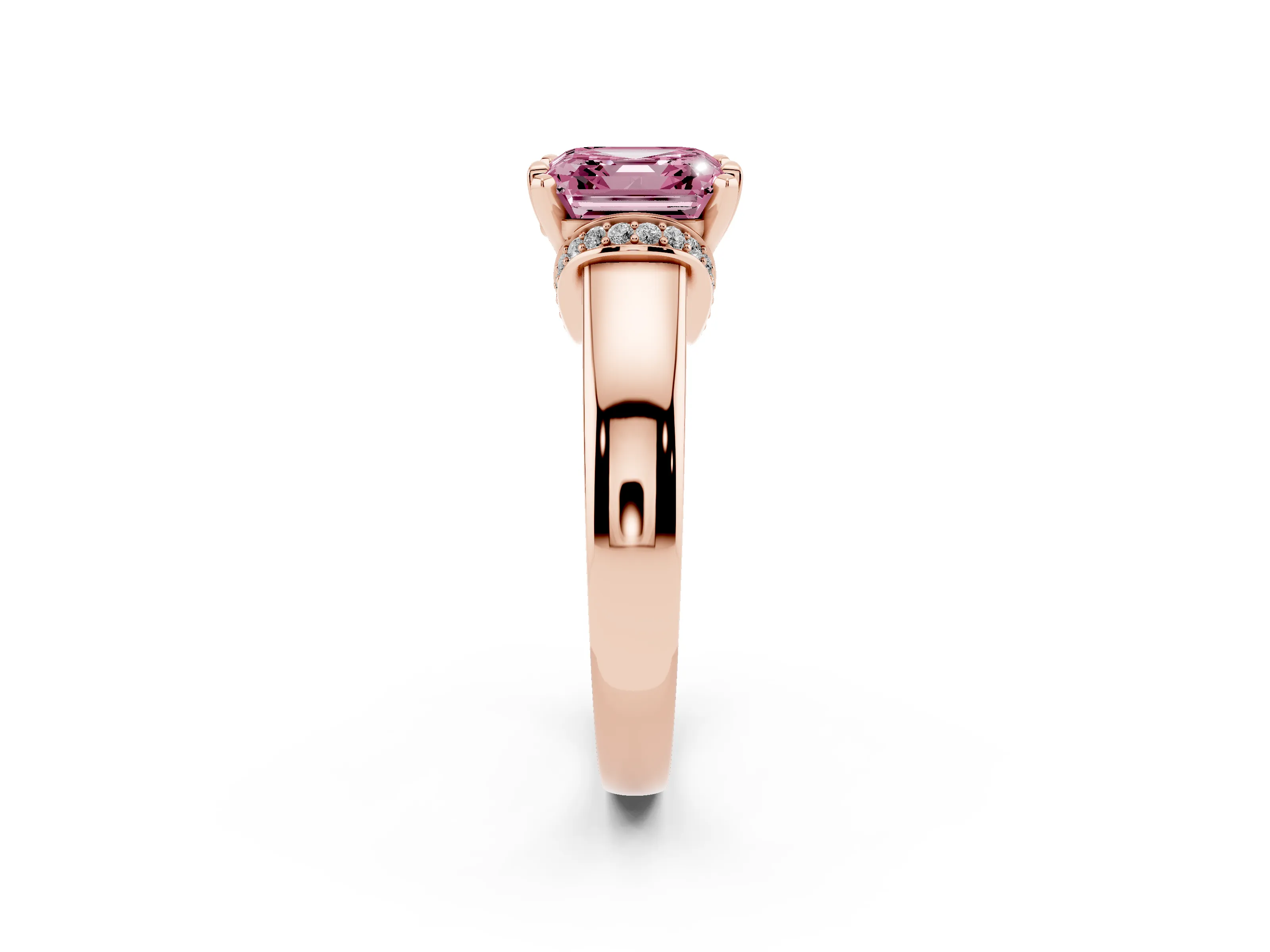 Fancy Pink Asscher Cut Diamond Pavé Band Solitaire Ring Set in Rose gold with Prong Setting