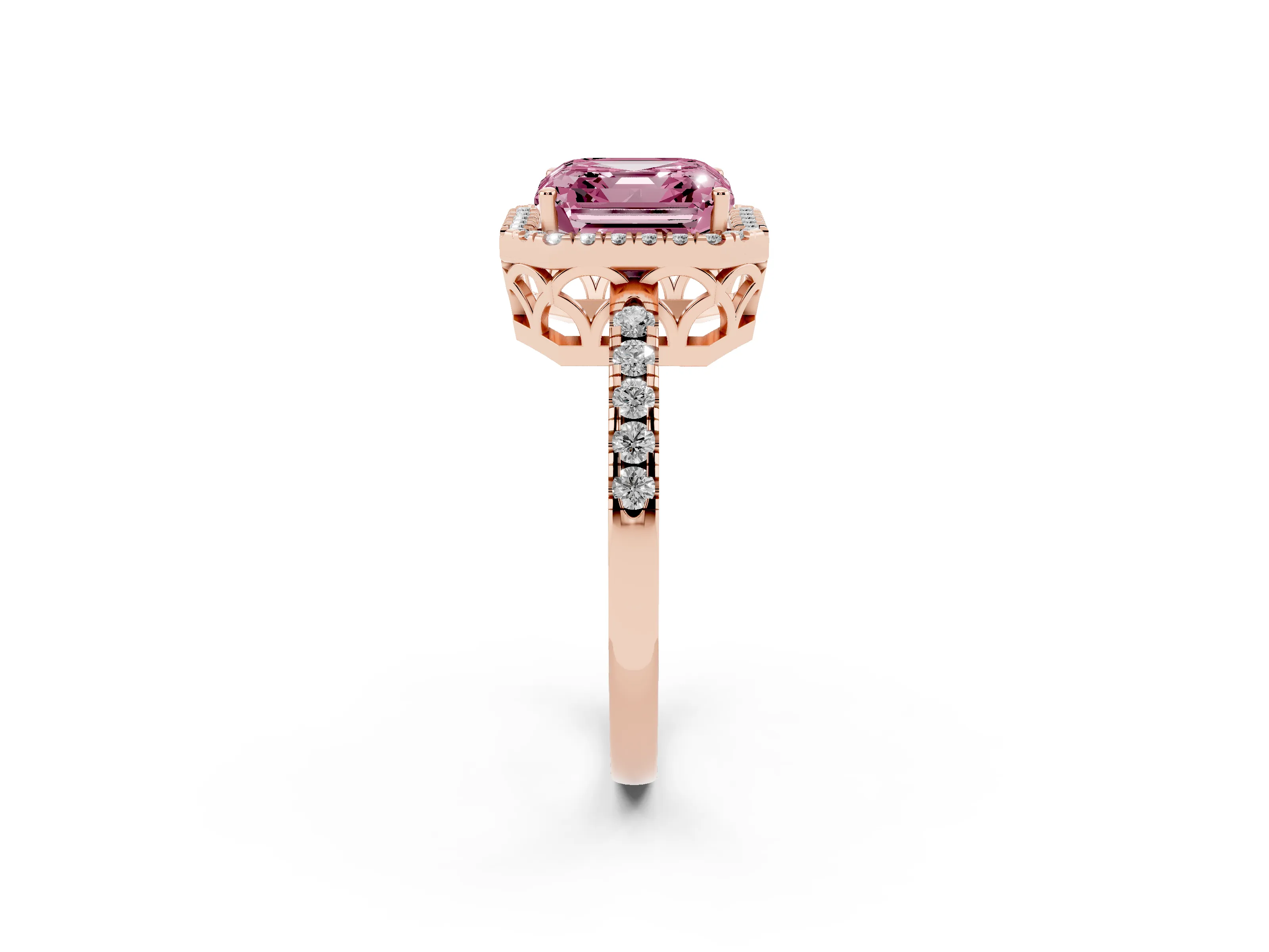 Fancy Pink Asscher Cut Diamond Pavé Band Halo Engagement Ring Set in Rose gold with Prong Setting