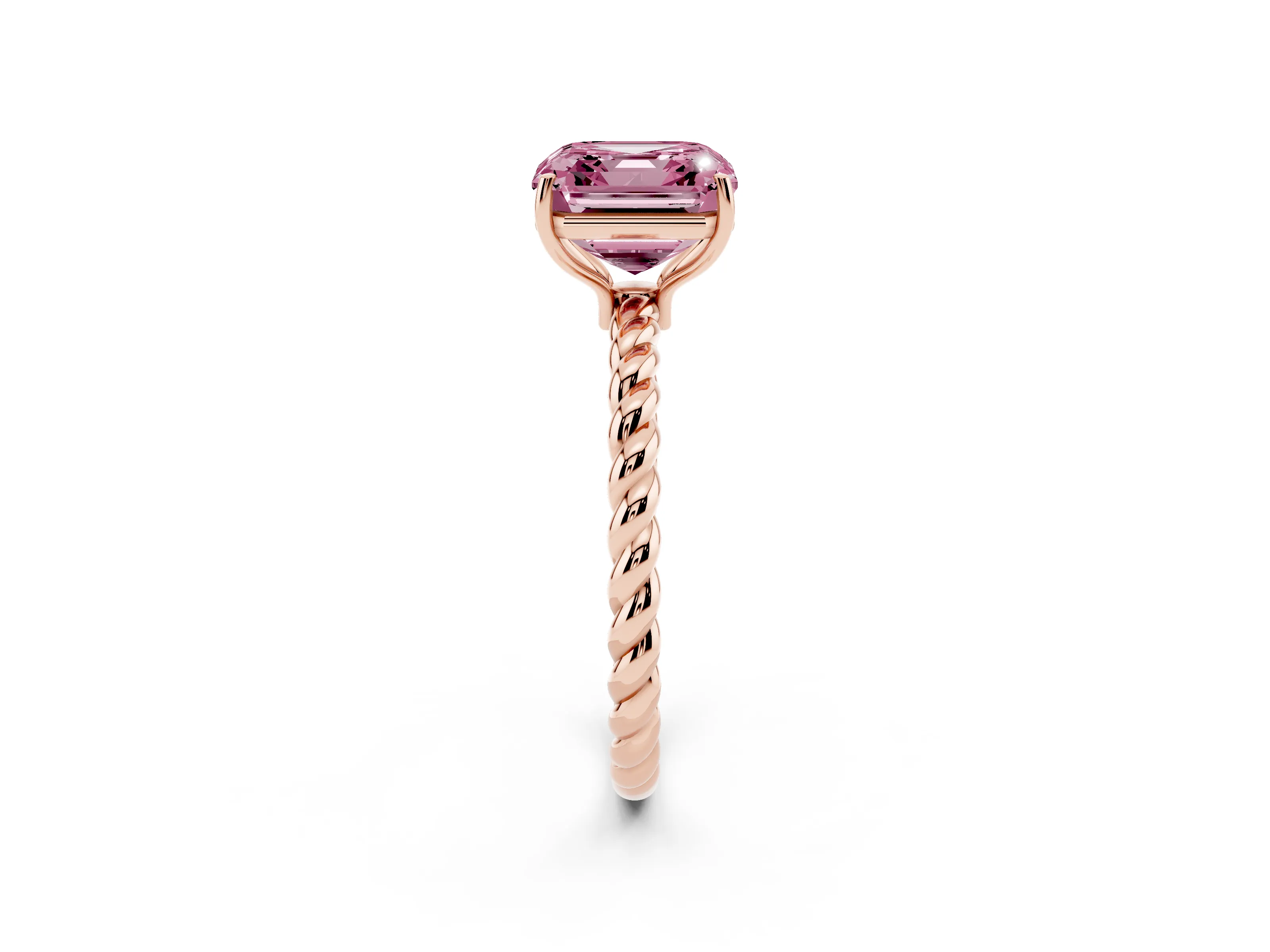 Fancy Pink Asscher Cut Diamond Solitaire Ring Set in Rose gold with Twist Band and Prong Setting