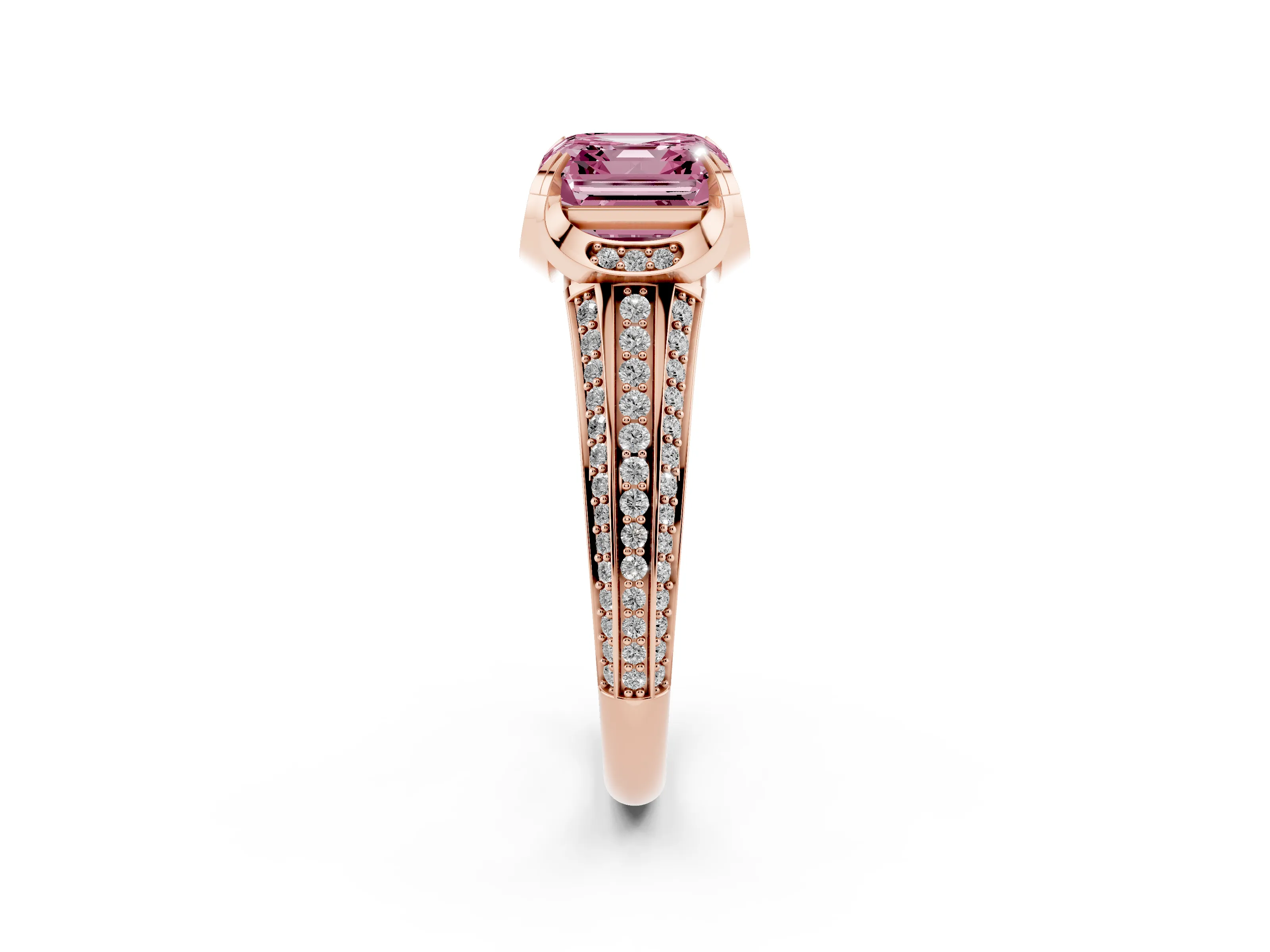 Fancy Pink Asscher Cut Diamond Pavé Split Shank Solitaire Ring Set in Rose gold with Prong Setting