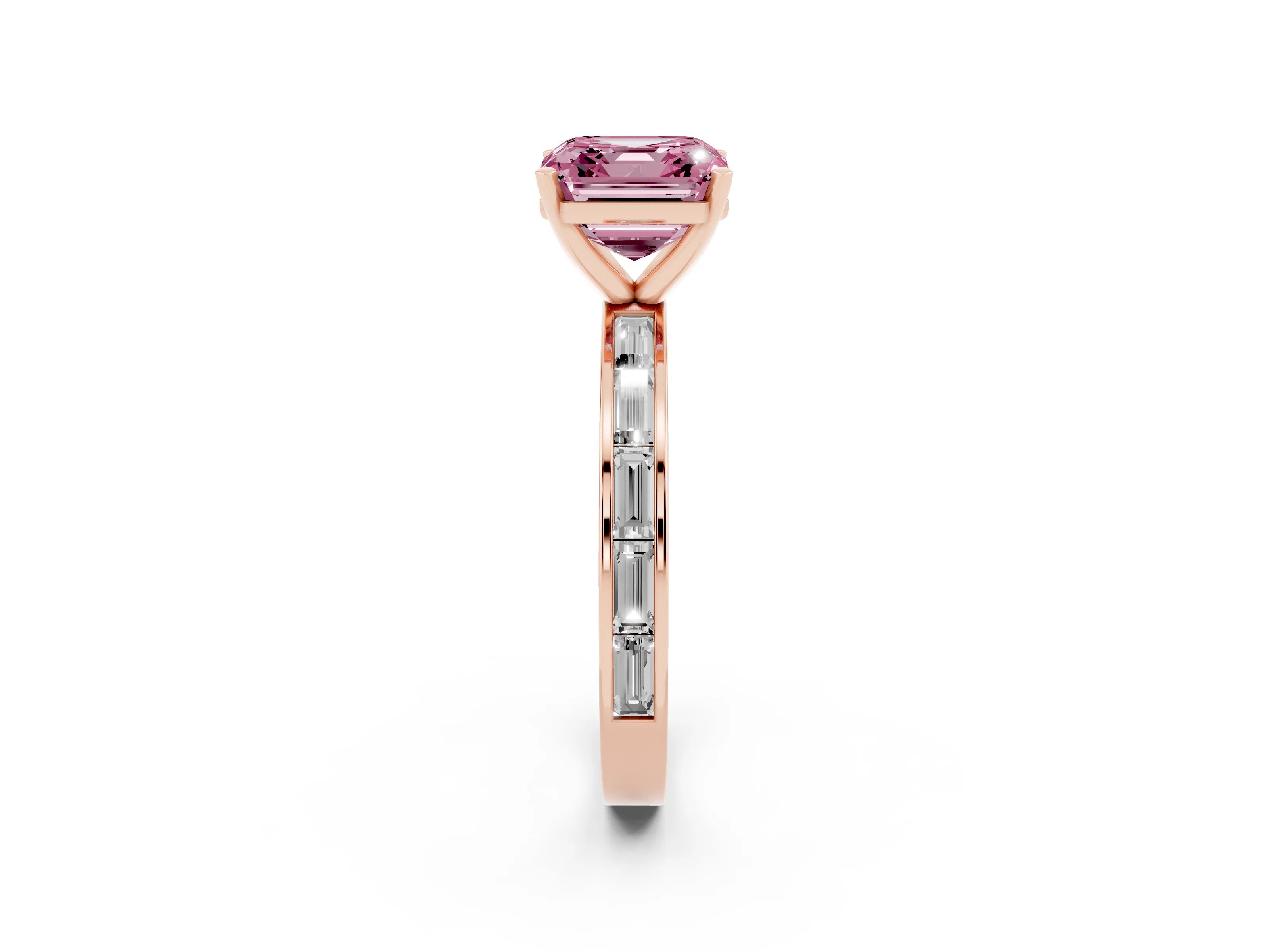 Fancy Pink Asscher Cut Diamond Solitaire Ring Set in Rose gold with Channel-Set Baguette Band and Prong Setting