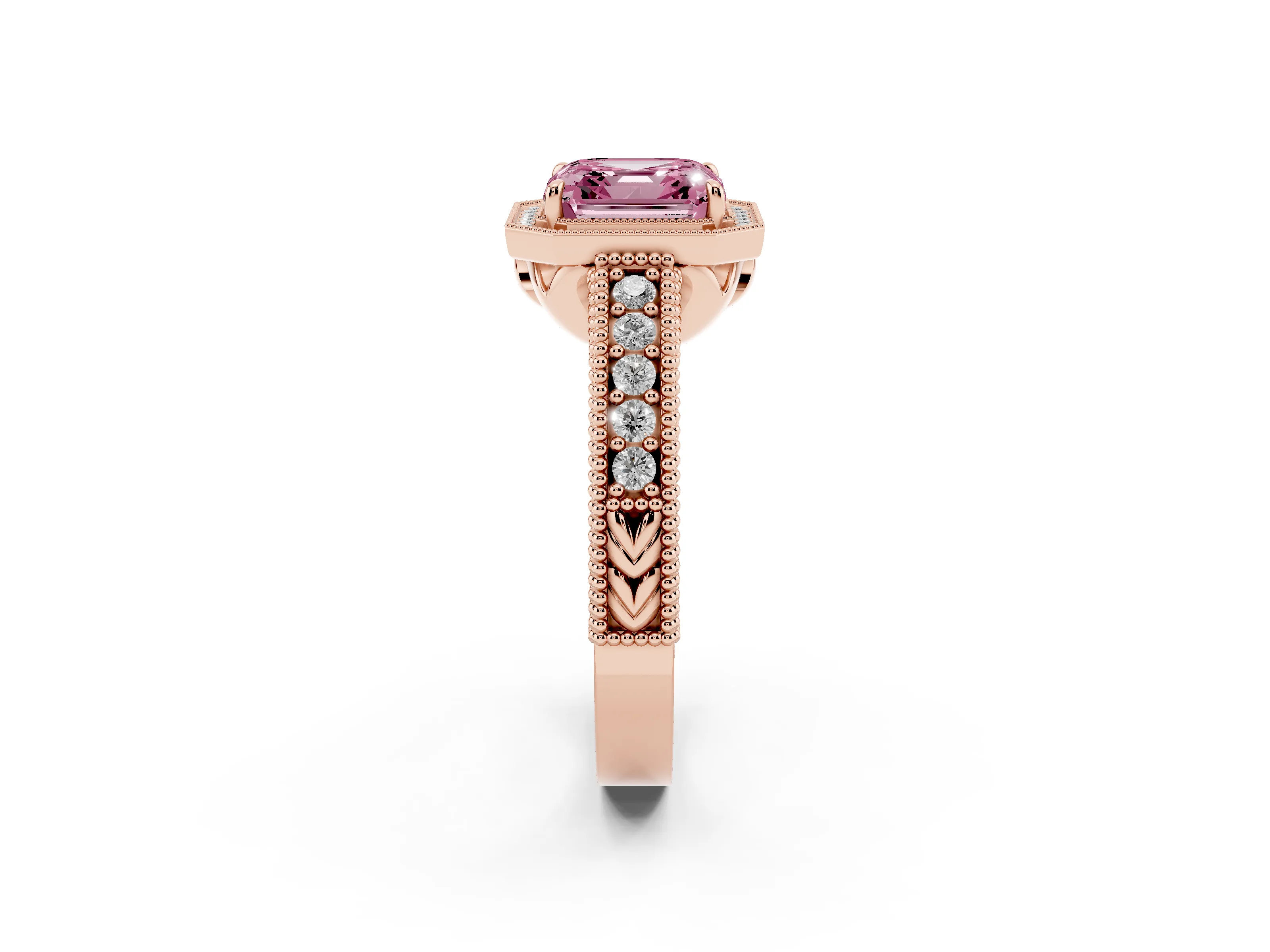 Fancy Pink Asscher Cut Diamond Halo Ring Set in Rose gold with Round Accent Halo, Pavé Band and Prong Setting