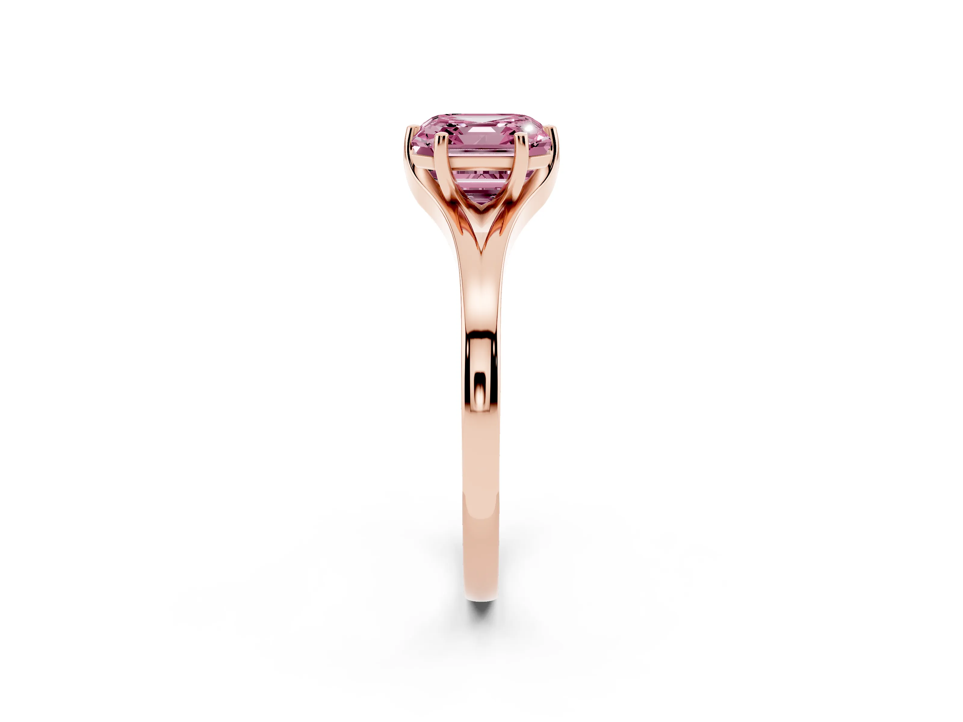 Fancy Pink Asscher Cut Diamond Solitaire Ring Set in Rose gold with Polished Tapered Band and Prong Setting