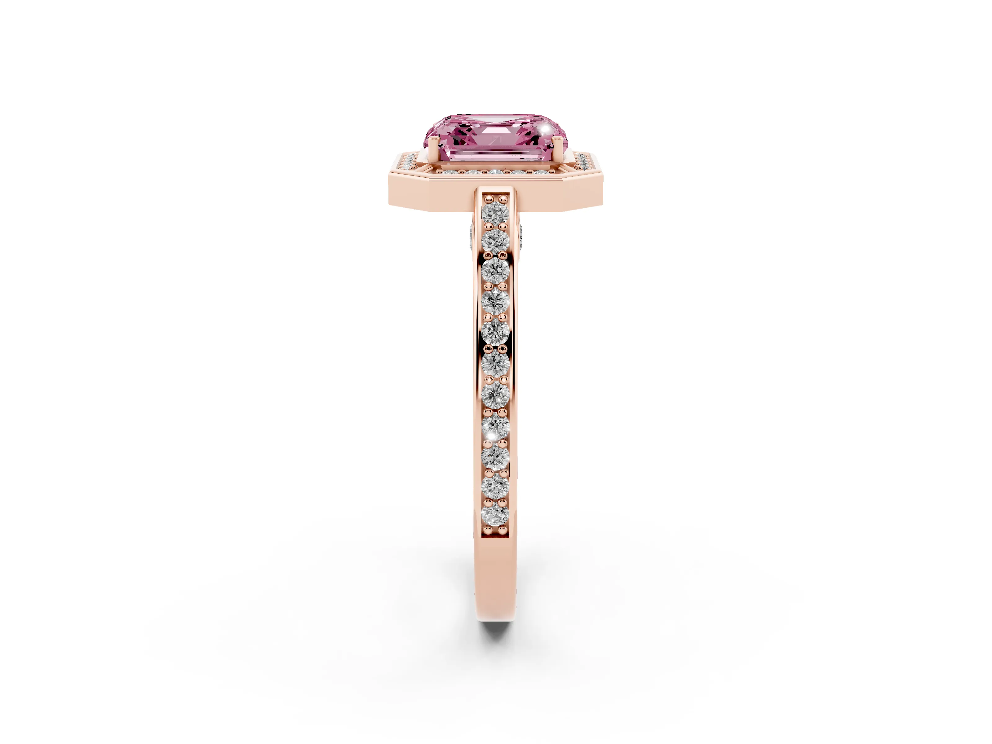 Fancy Pink Asscher Cut Diamond Halo Pavé Split Shank Ring Set in Rose gold with Prong Setting