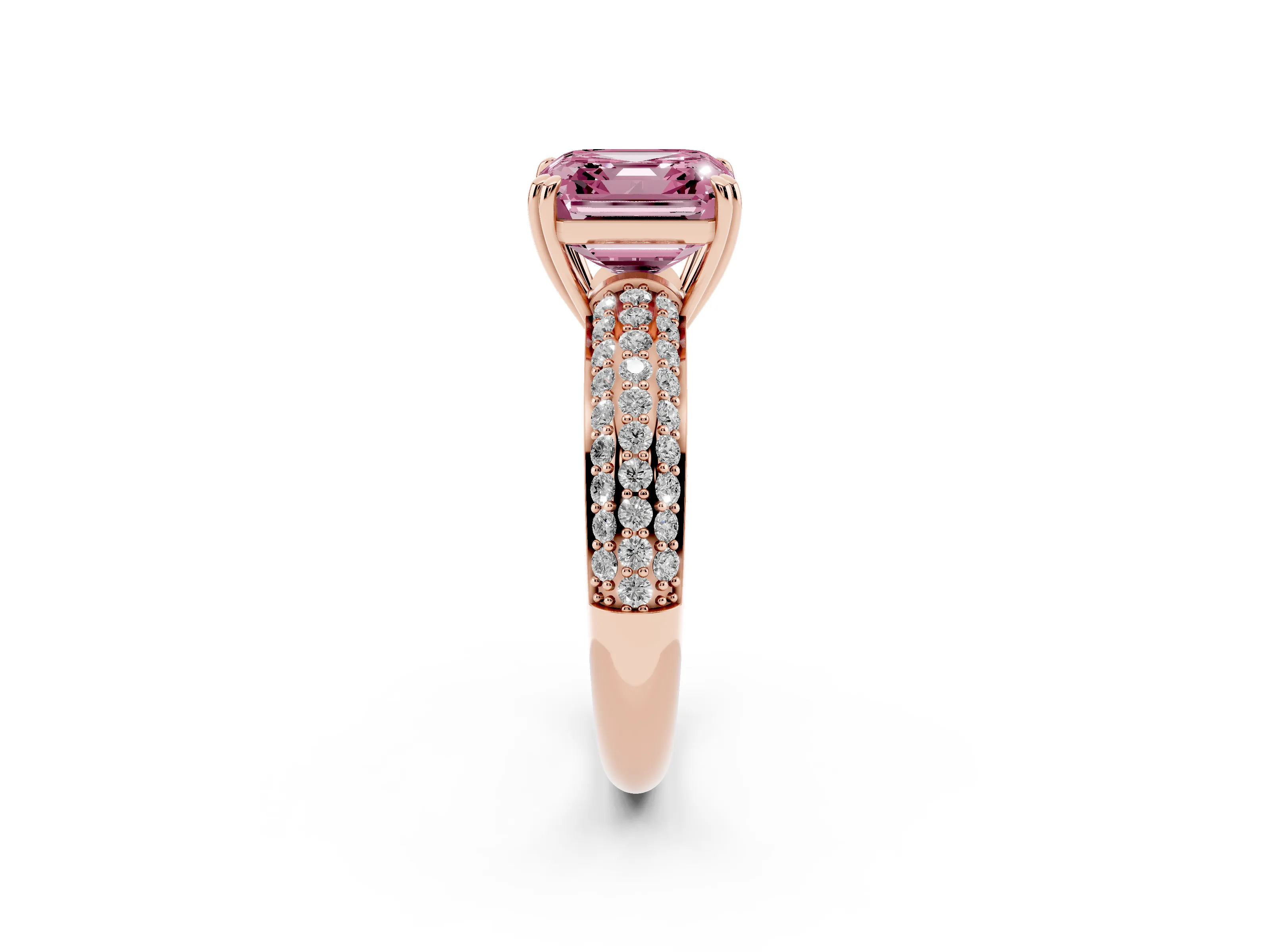Fancy Pink Asscher Cut Diamond Solitaire Ring Set in Rose gold with Multi-Row Round Pavé Band and Prong Setting
