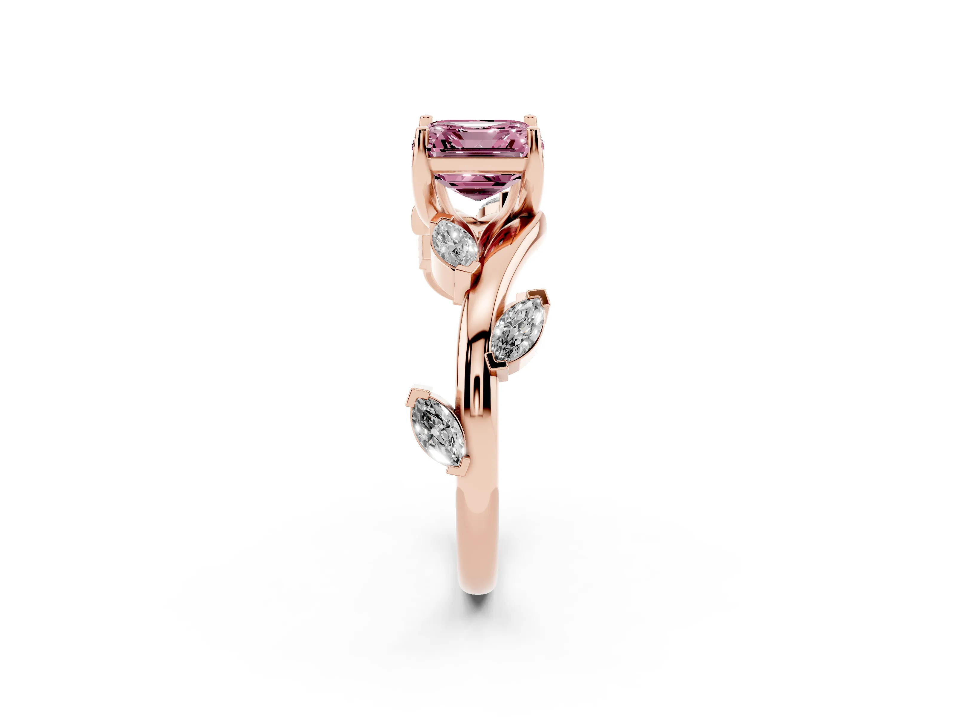 Fancy Pink Asscher Cut Diamond Solitaire Ring Set in Rose gold with Twisted Marquise Accent Band