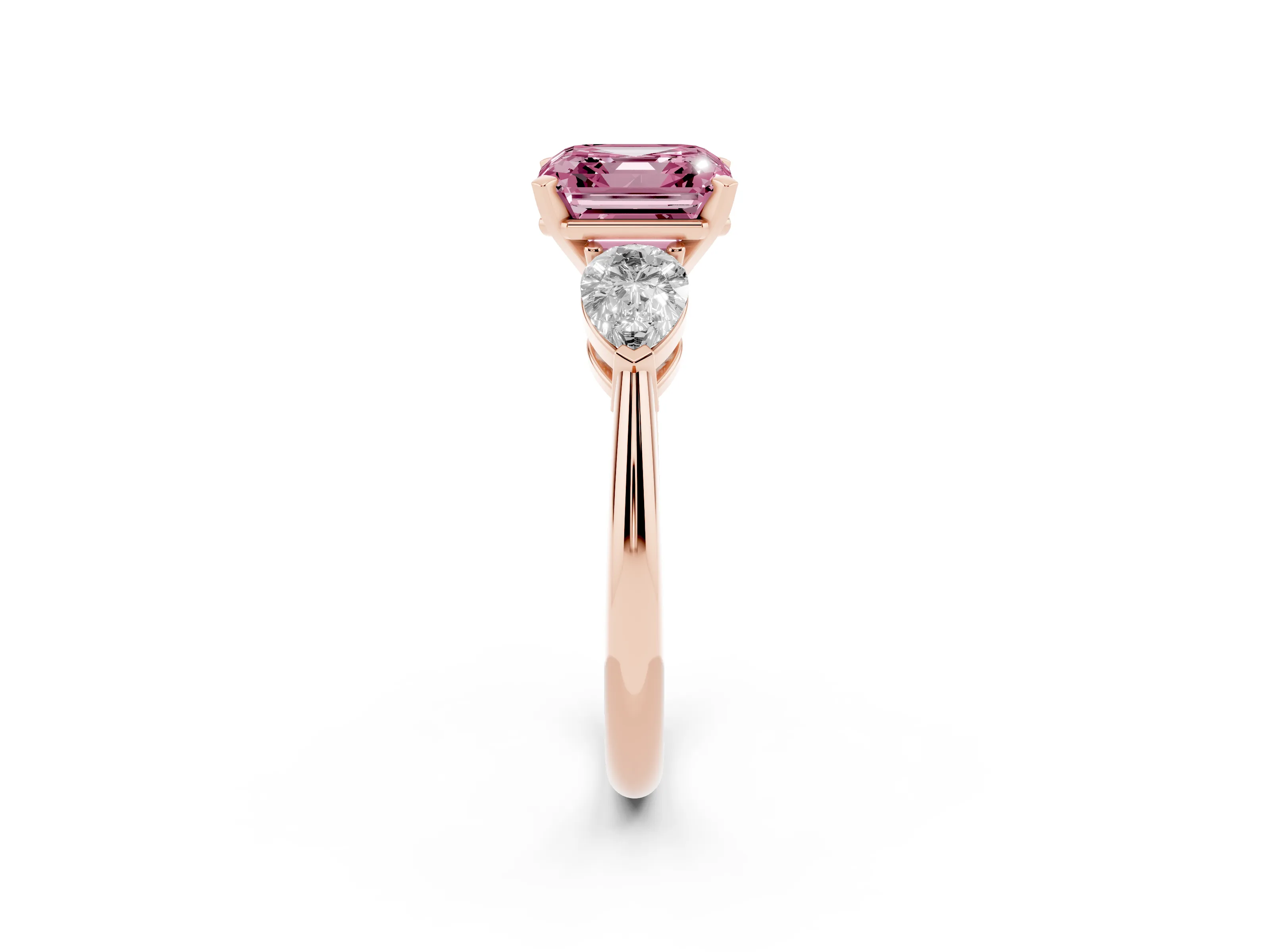 Fancy Pink Three-Stone Asscher Cut Diamond Ring Set in Rose gold with Pear Side Stones and Prong Setting