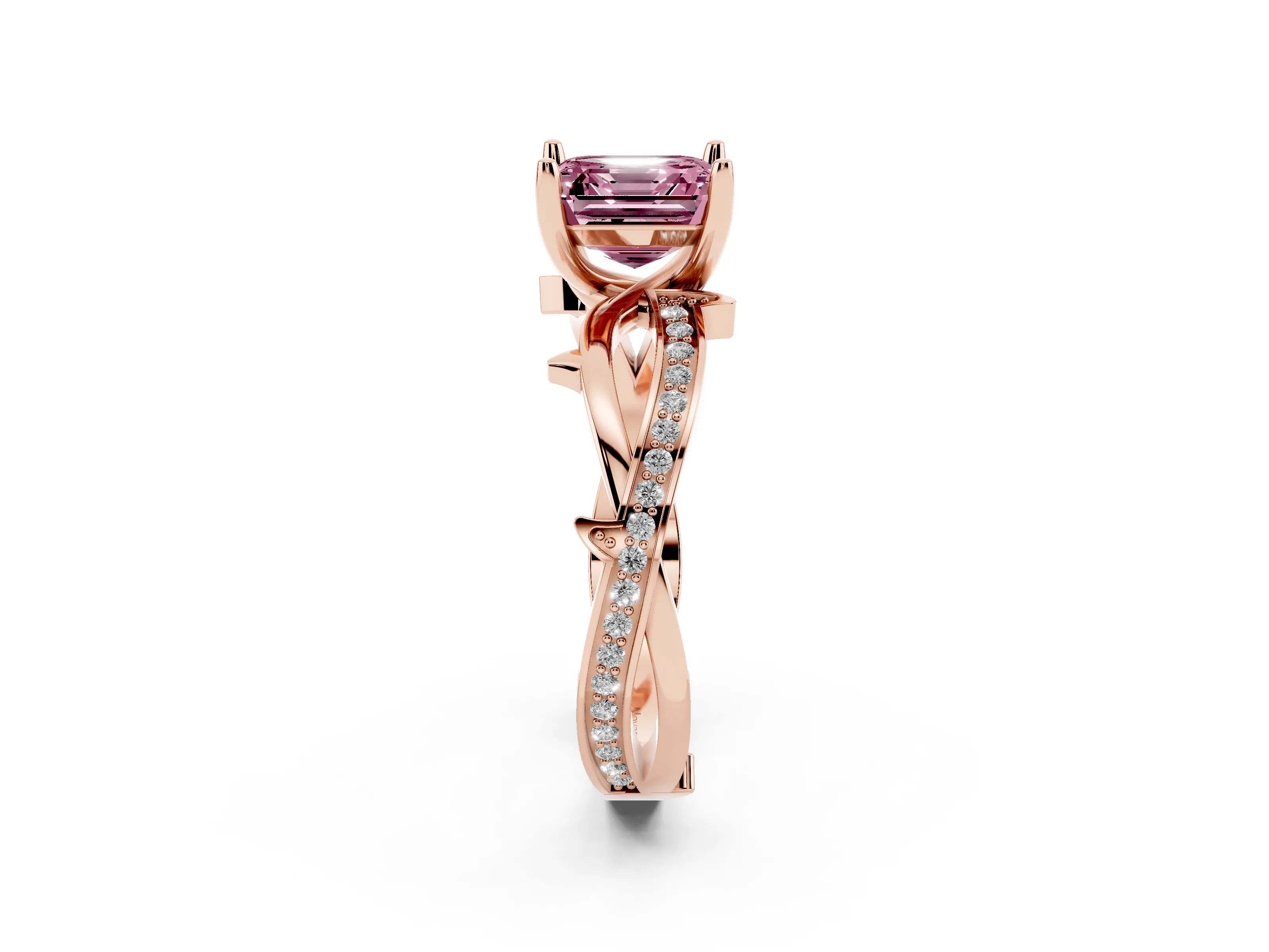 Fancy Pink Asscher Cut Diamond Pavé Twist Band Solitaire Ring Set in Rose gold with Prong Setting