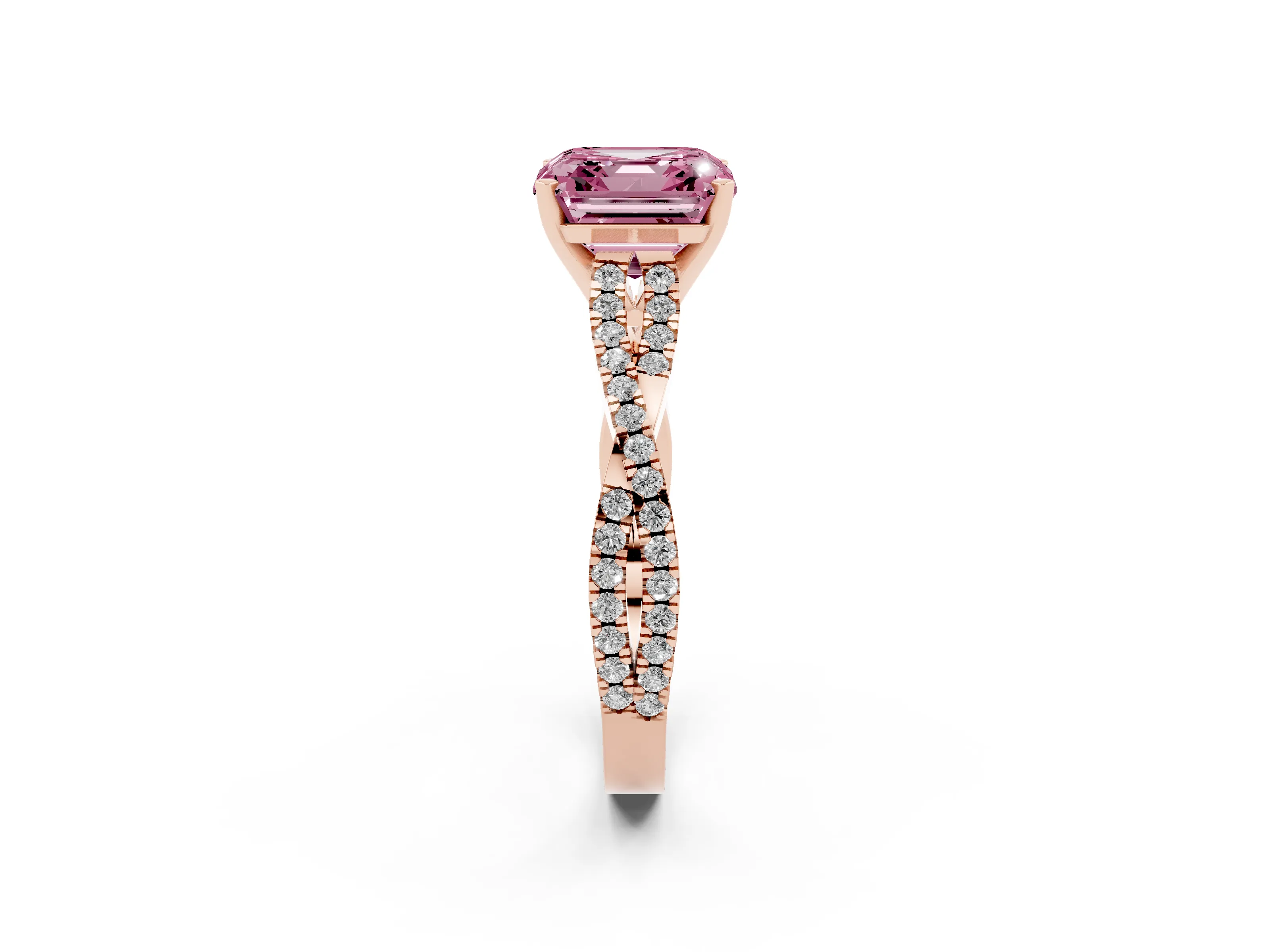Fancy Pink Asscher Cut Diamond Solitaire Engagement Ring Set in Rose gold with Twisted Pavé Band and Prong Setting