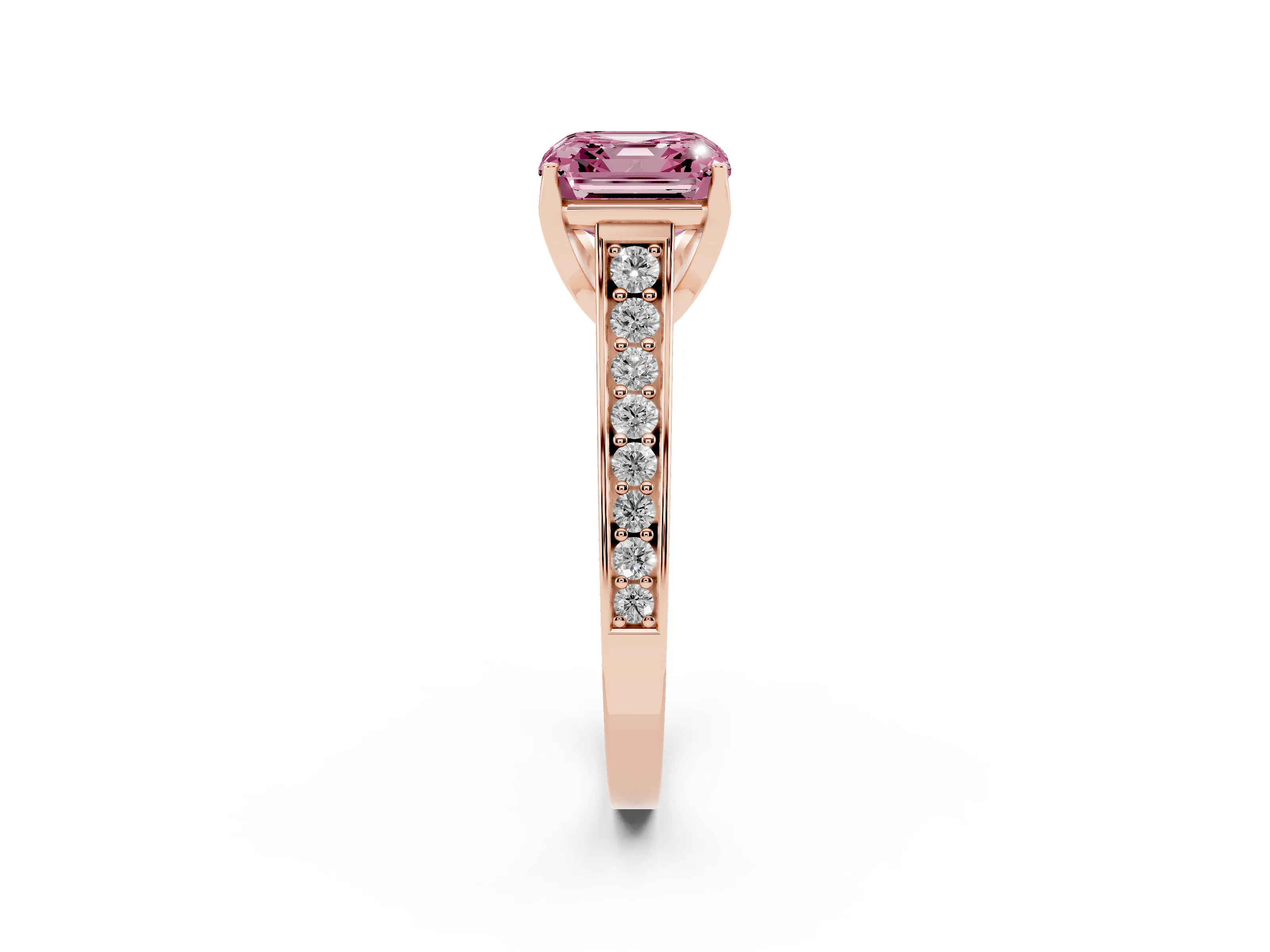 Fancy Pink Asscher Cut Diamond Solitaire Pavé Engagement Ring Set in Rose gold with Prong Setting