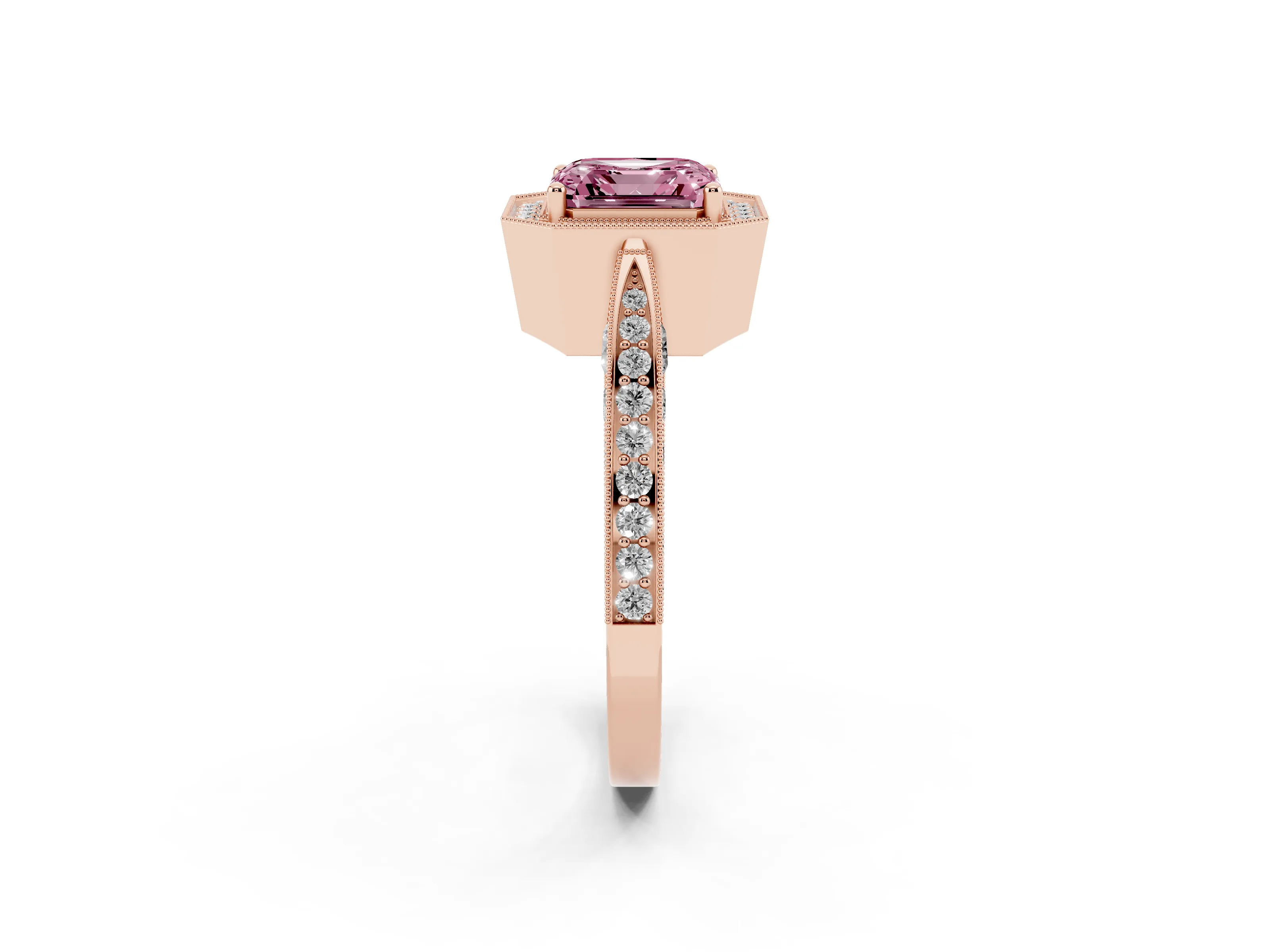 Fancy Pink Asscher Cut Diamond Halo Engagement Ring Set in Rose gold with Accent Split Shank Band