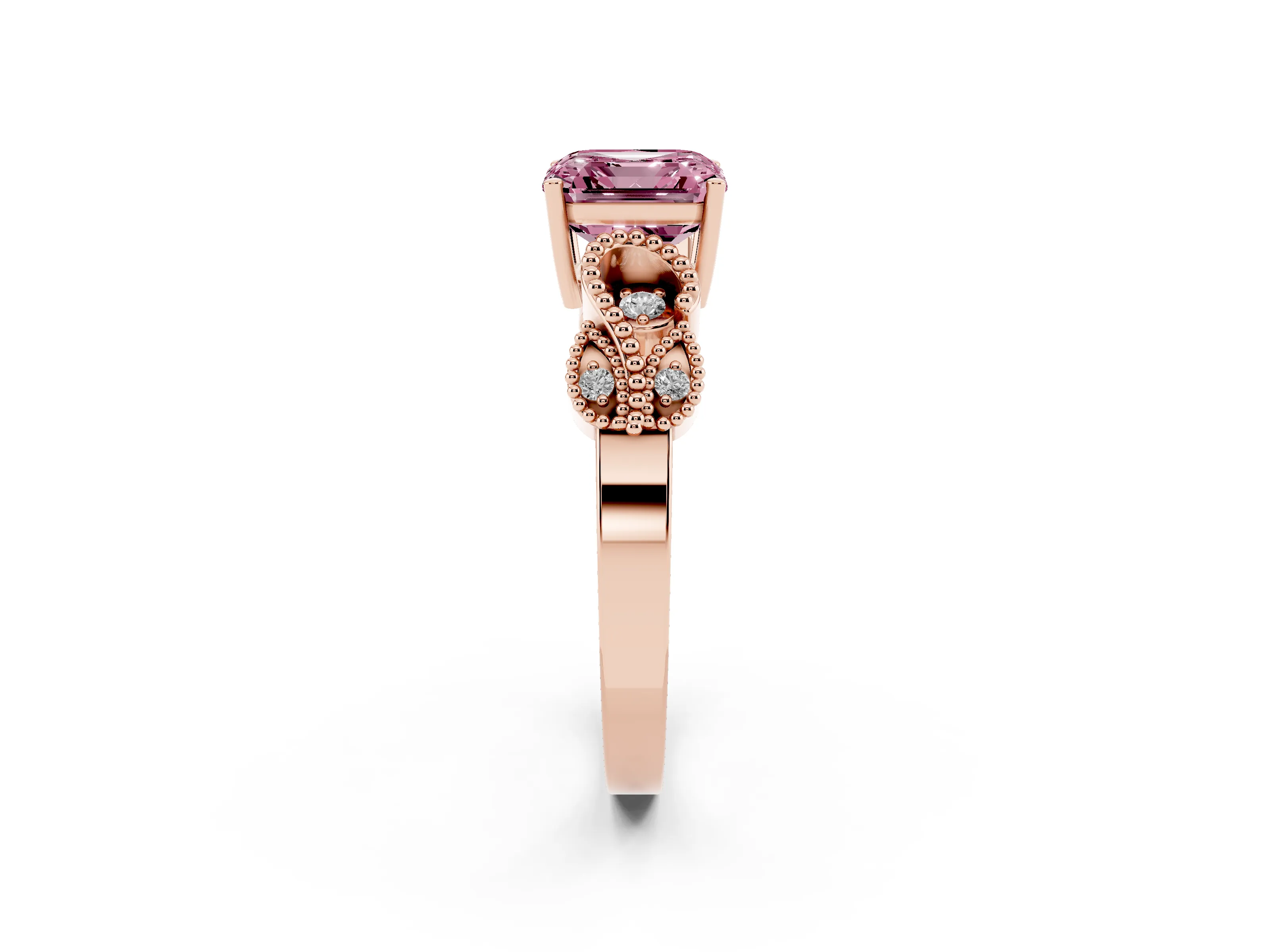 Fancy Pink Asscher Cut Diamond Milgrain Leaf Band Solitaire Ring Set in Rose gold with Accent Stones and Prong Setting