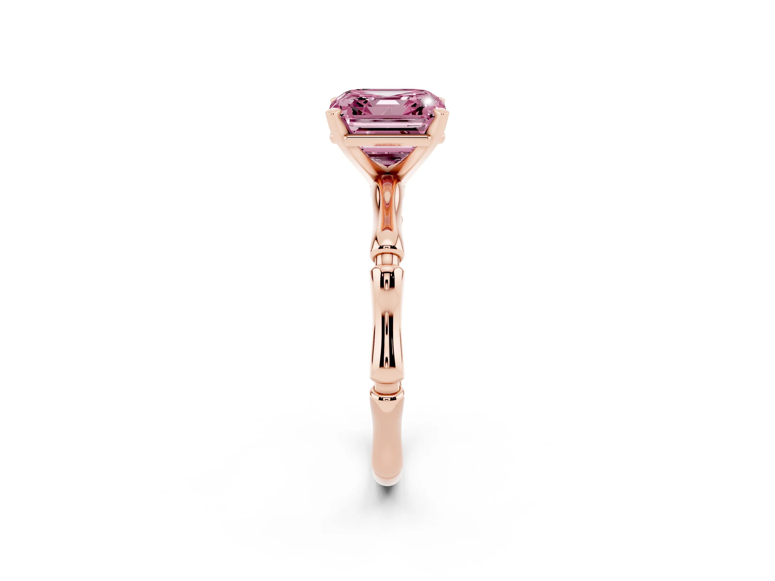 Fancy Pink Asscher Cut Diamond Solitaire Ring Set in Rose gold with Bamboo Band and Prong Setting
