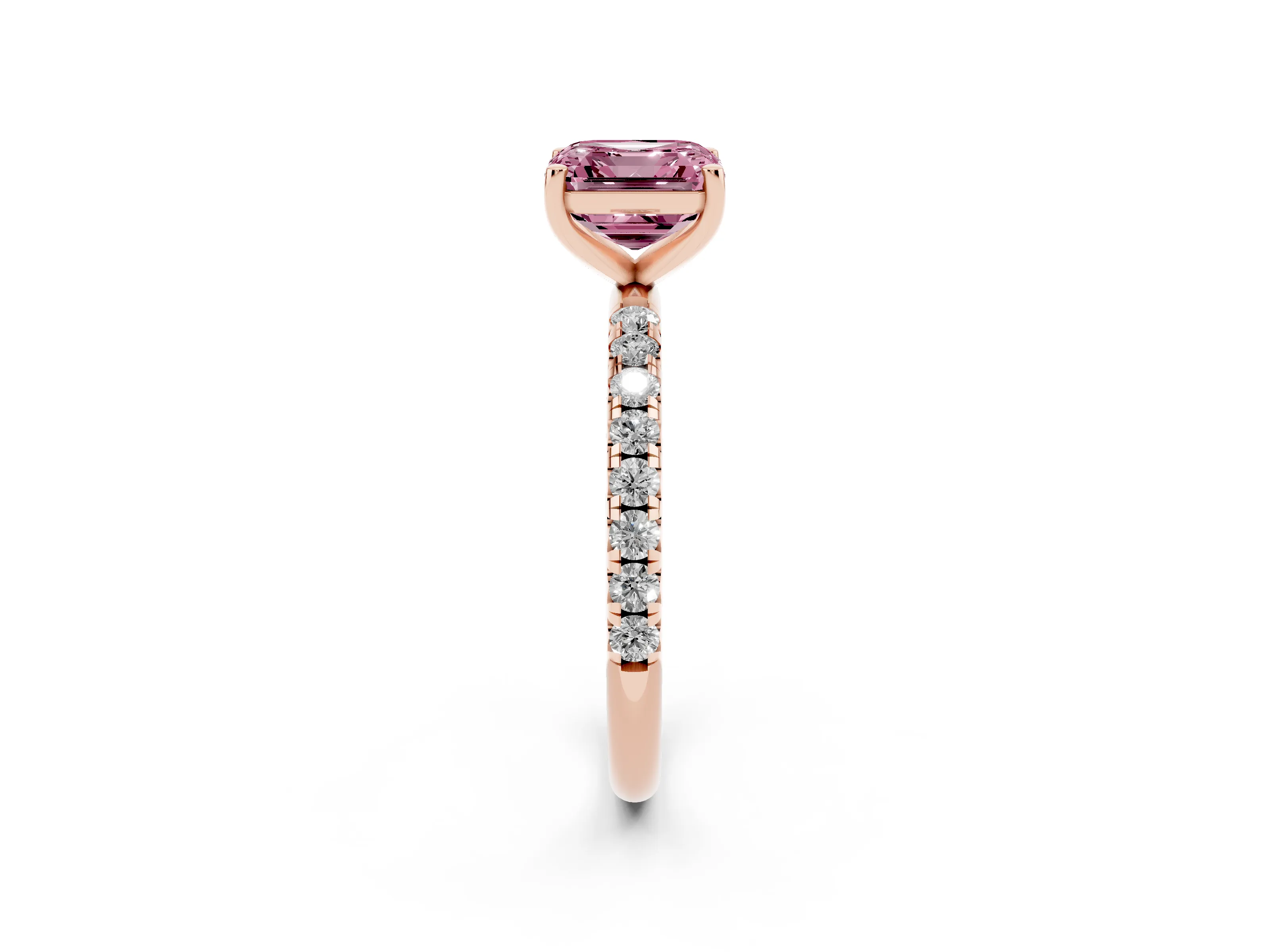 Fancy Pink Asscher Cut Diamond Solitaire Ring Set in Rose gold with Micro Pavé Band and Prong Setting