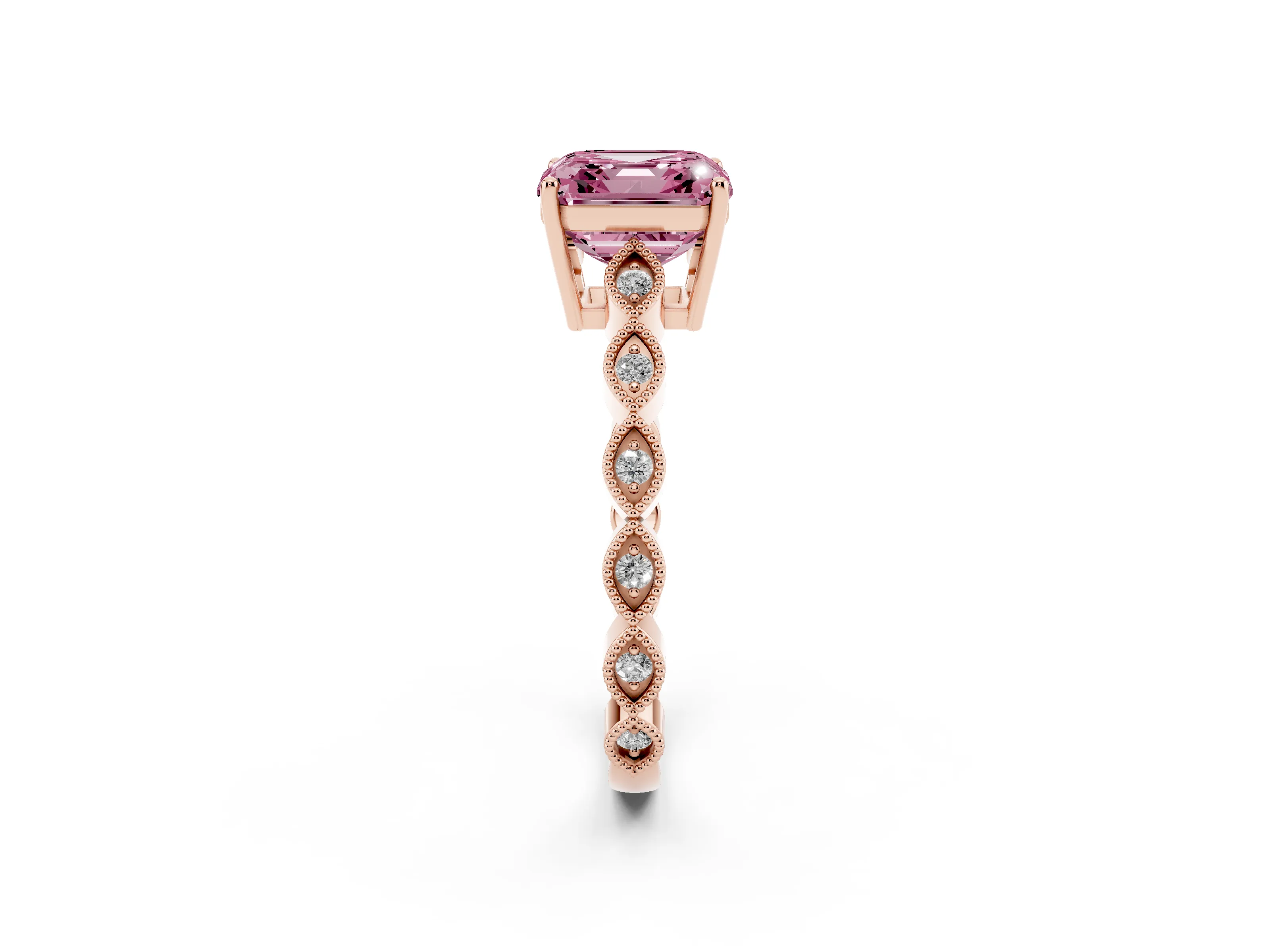 Fancy Pink Asscher Cut Diamond Solitaire Ring Set in Rose gold with Infinity Twist Pavé Band