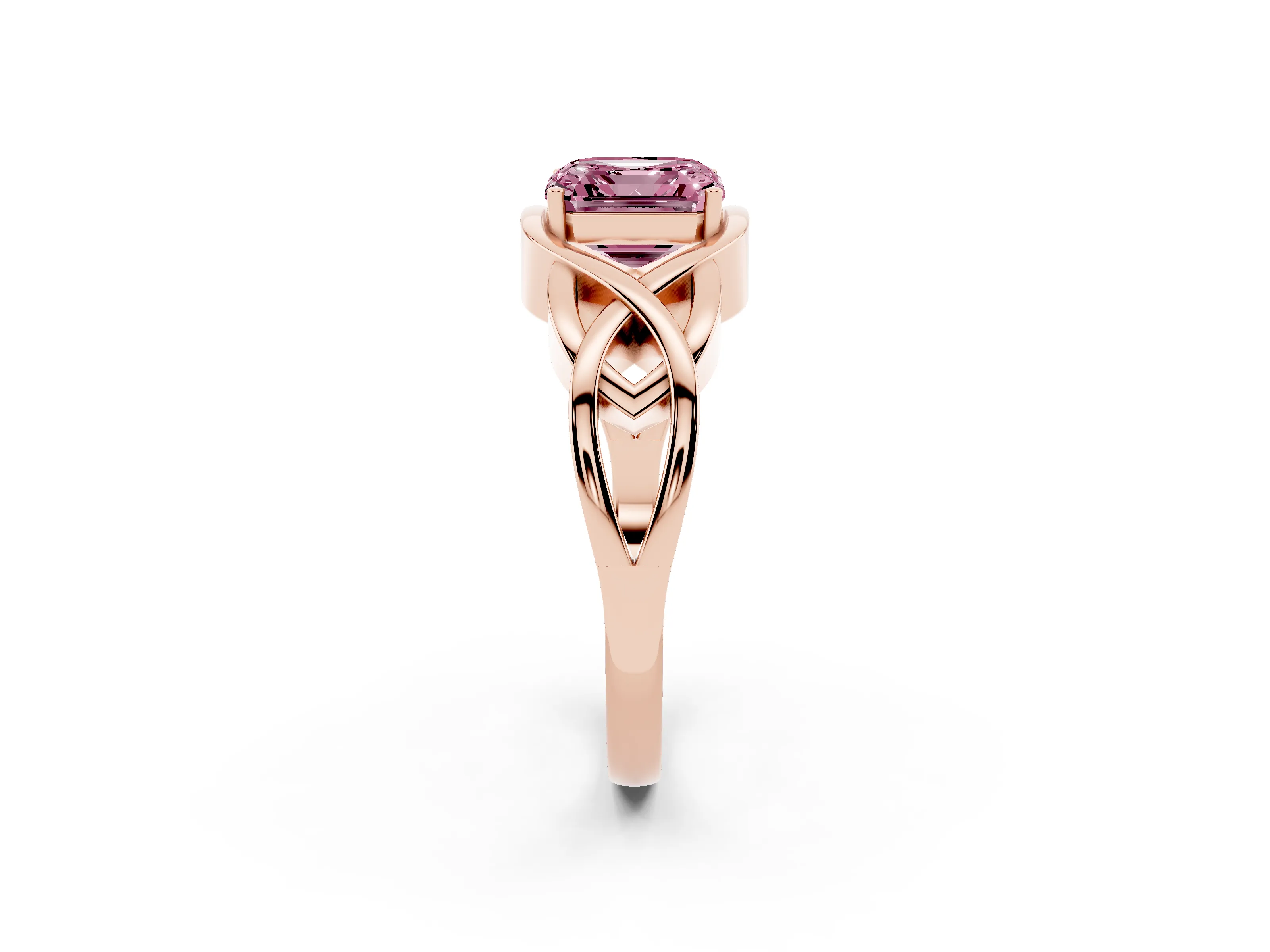 Fancy Pink Asscher Cut Diamond Solitaire Ring Set in Rose gold with Intertwined Band