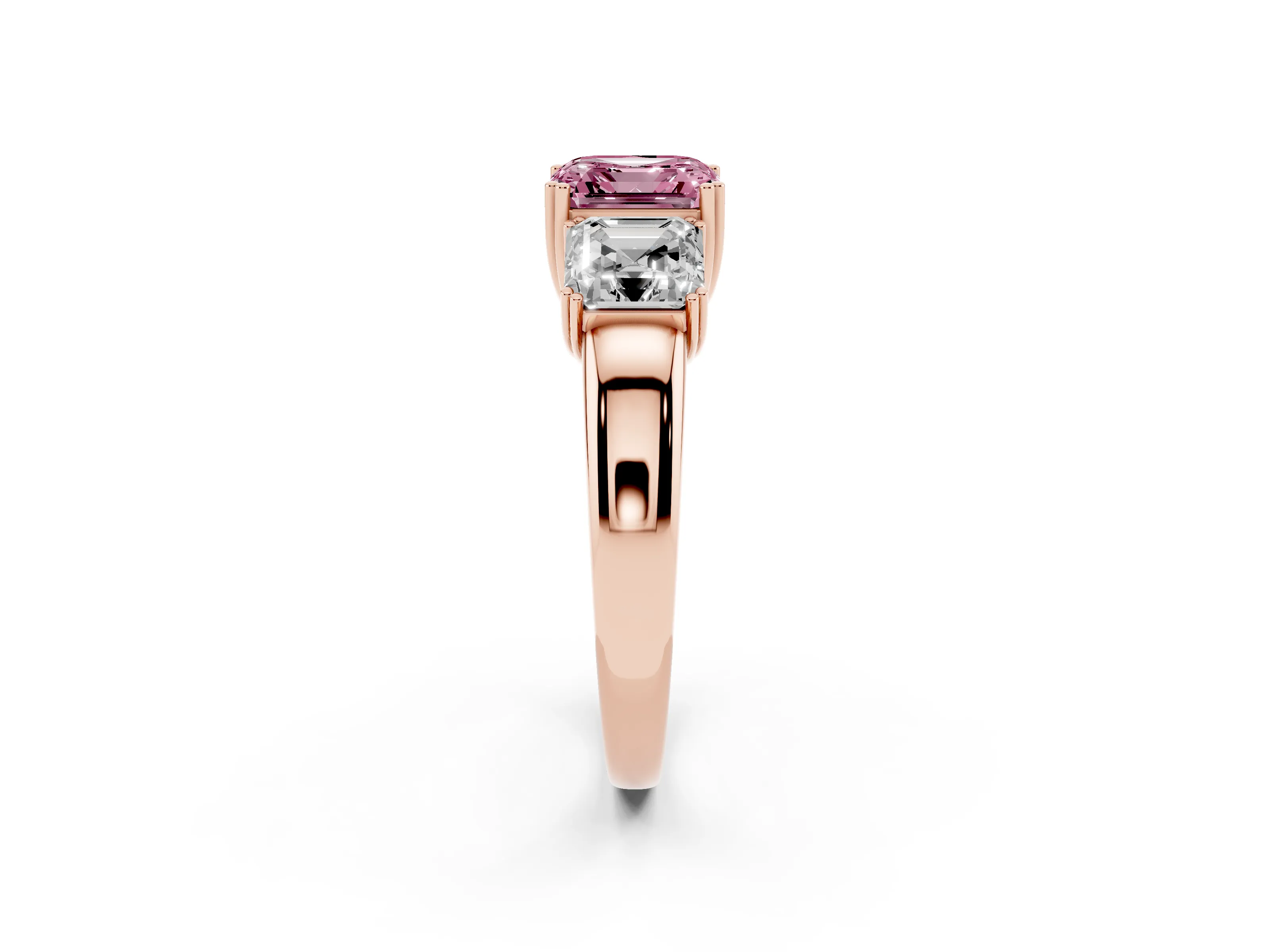 Fancy Pink Asscher Cut Diamond Three-Stone Ring Set in Rose gold with Polished Band and Prong Setting