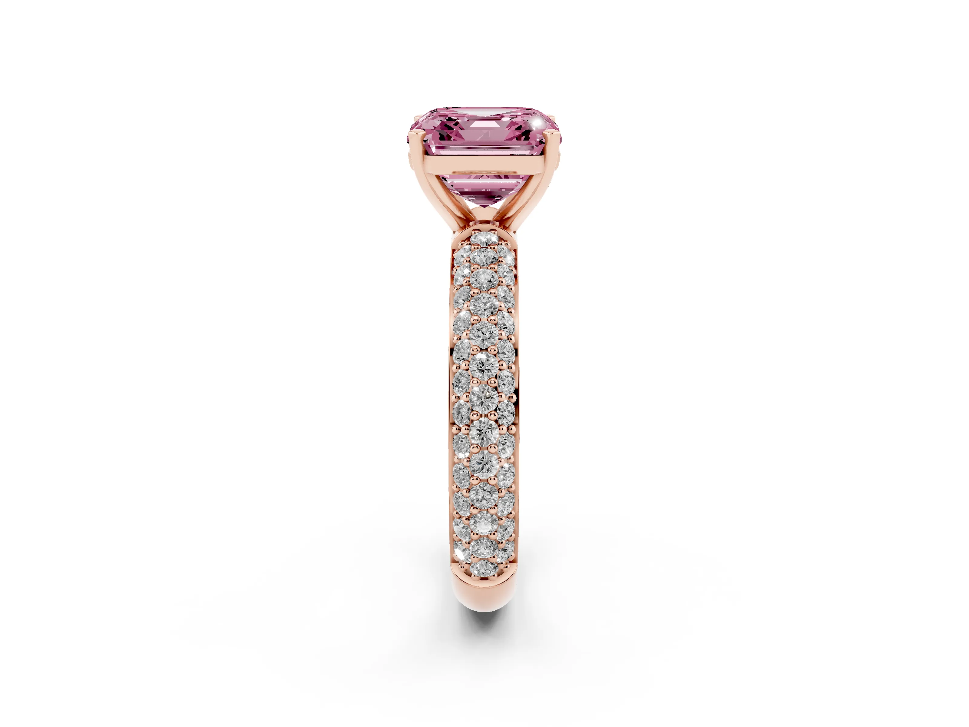 Fancy Pink Asscher Cut Diamond Solitaire Ring Set in Rose gold with Prong Setting and Pavé-Set Band