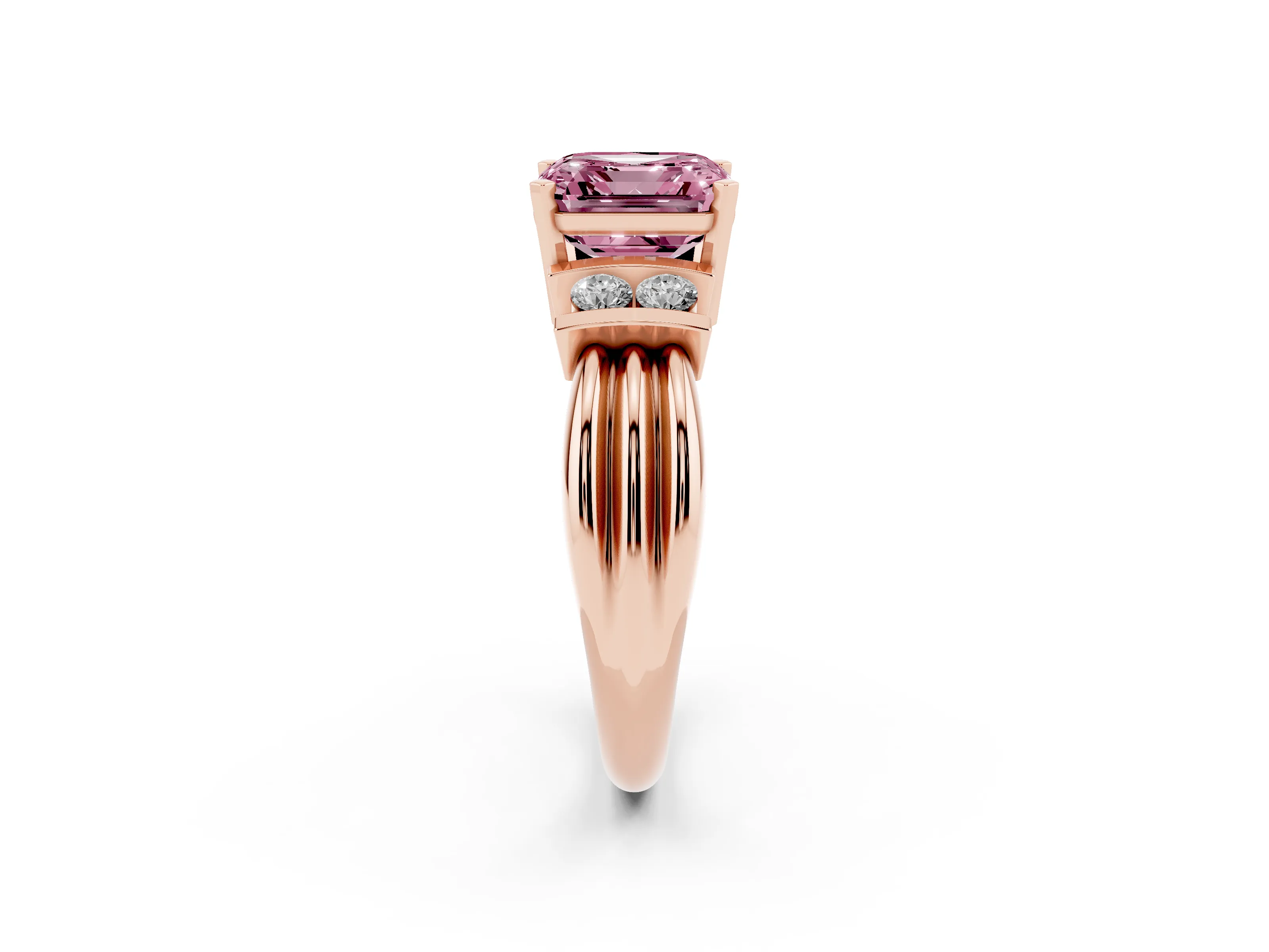 Fancy Pink Three-Stone Asscher Cut Diamond Channel Set Ring Set in Rose gold with Bar Prongs