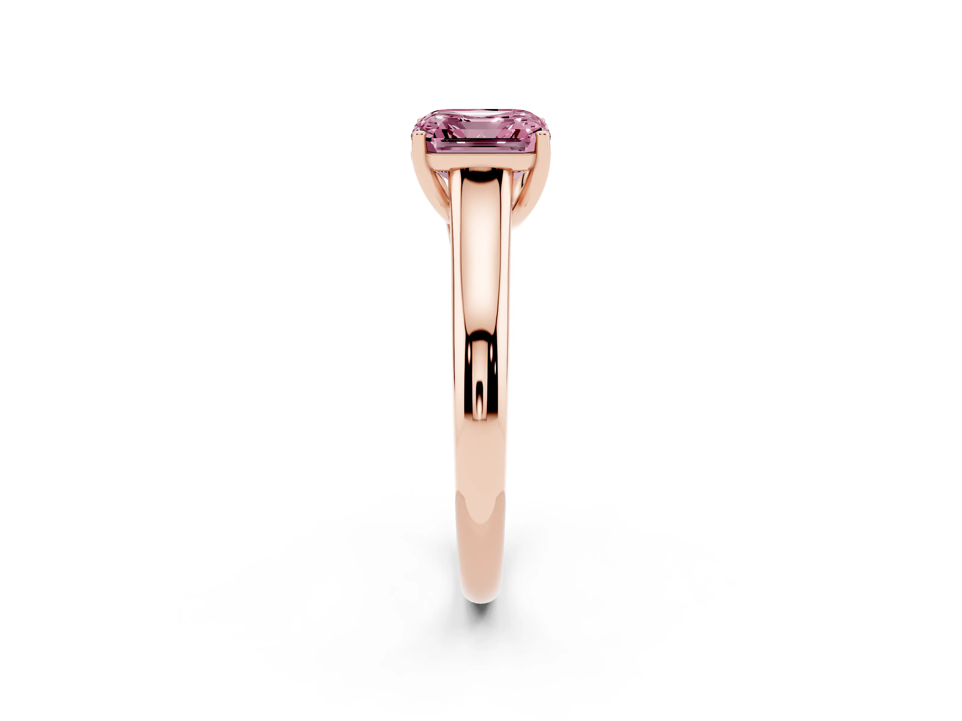 Fancy Pink Asscher Cut Diamond Solitaire Engagement Ring Set in Rose gold with Subtly Tapered Band and Prong Setting