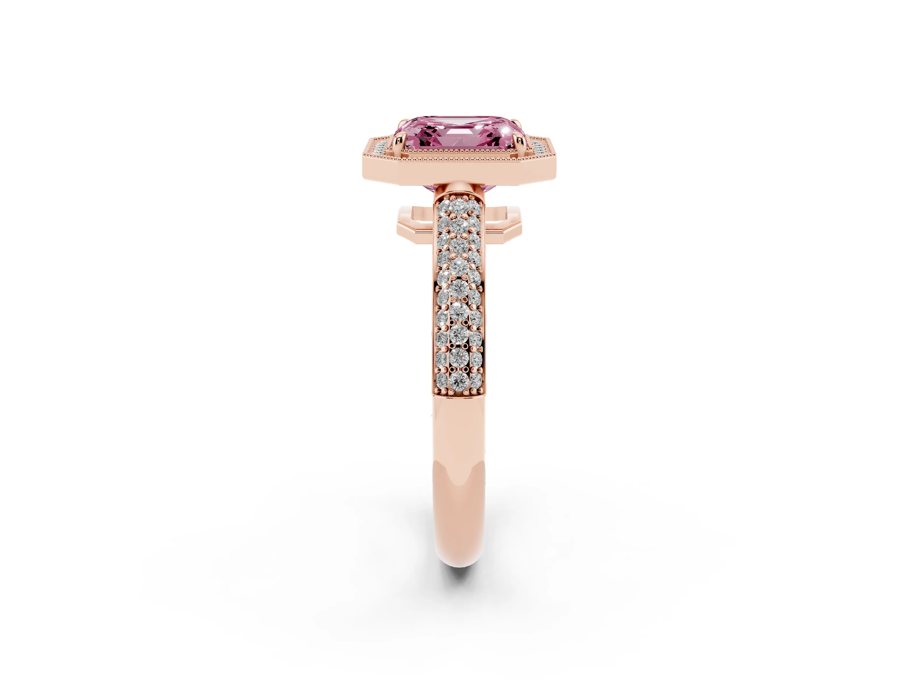 Fancy Pink Asscher Cut Diamond Halo Pavé Band Set in Rose gold with Prong Setting