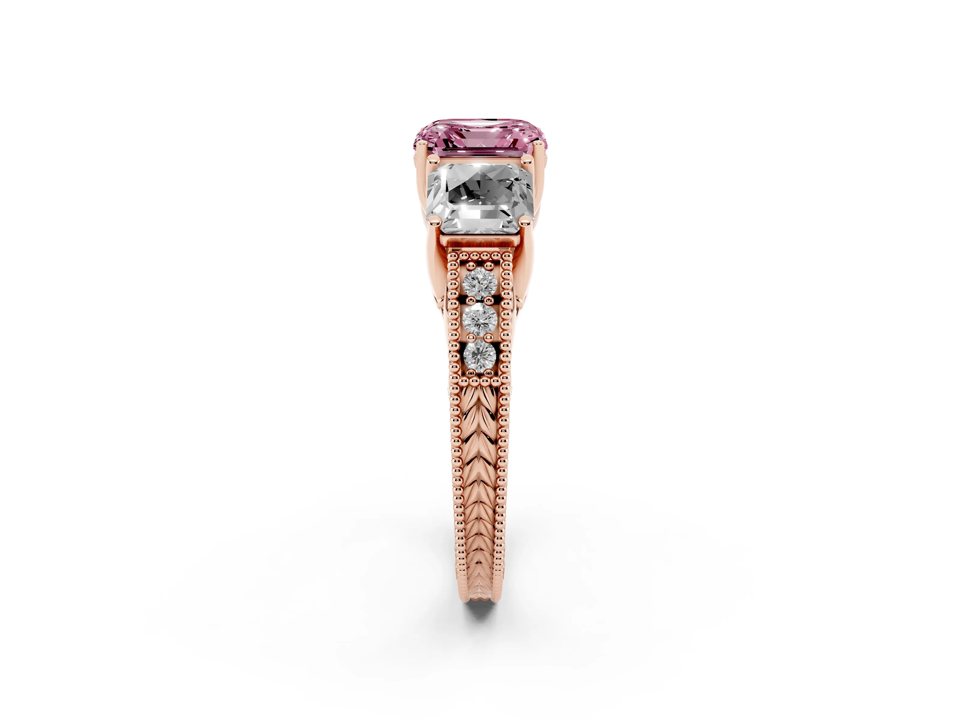 Fancy Pink Asscher Cut Diamond Three-Stone Engagement Ring Set in Rose gold with Milgrain Pavé Band