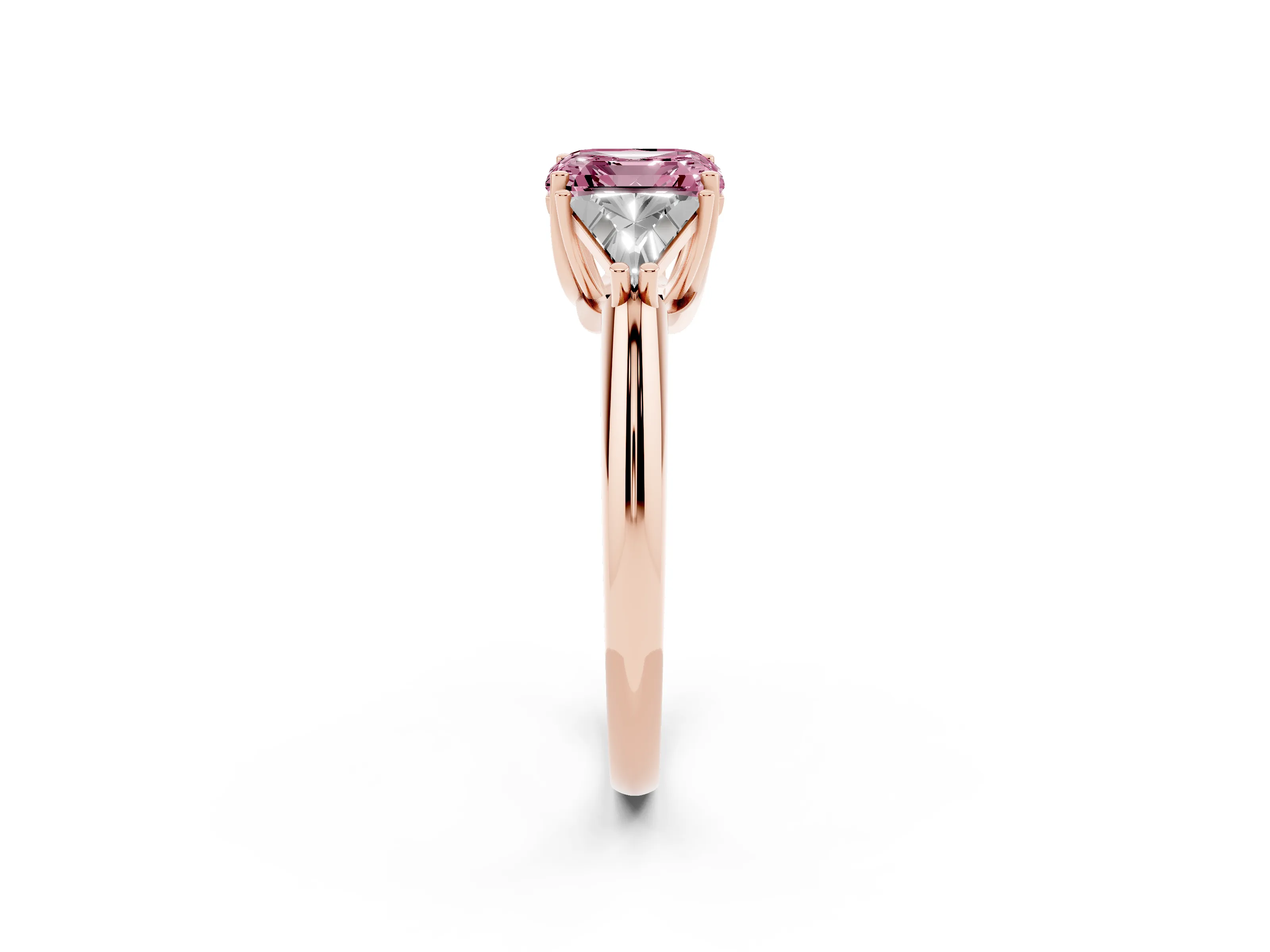 Fancy Pink Asscher Cut Diamond Three-Stone Engagement Ring Set in Rose gold with Trillion Side Stones