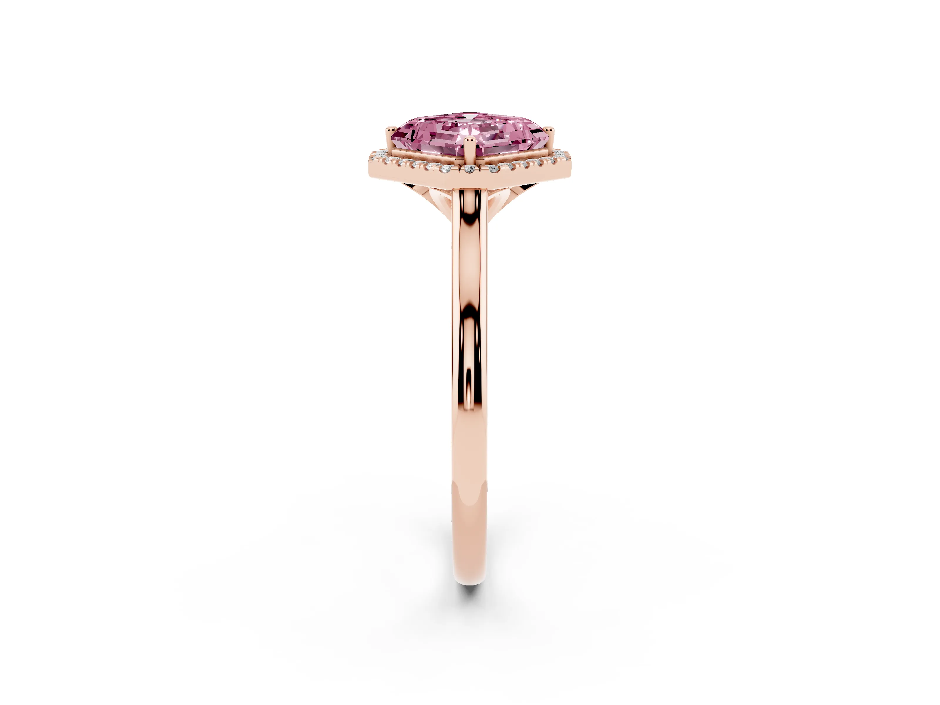Fancy Pink Asscher Cut Diamond Halo Engagement Ring Set in Rose gold with Pavé Band and Rising Shoulders