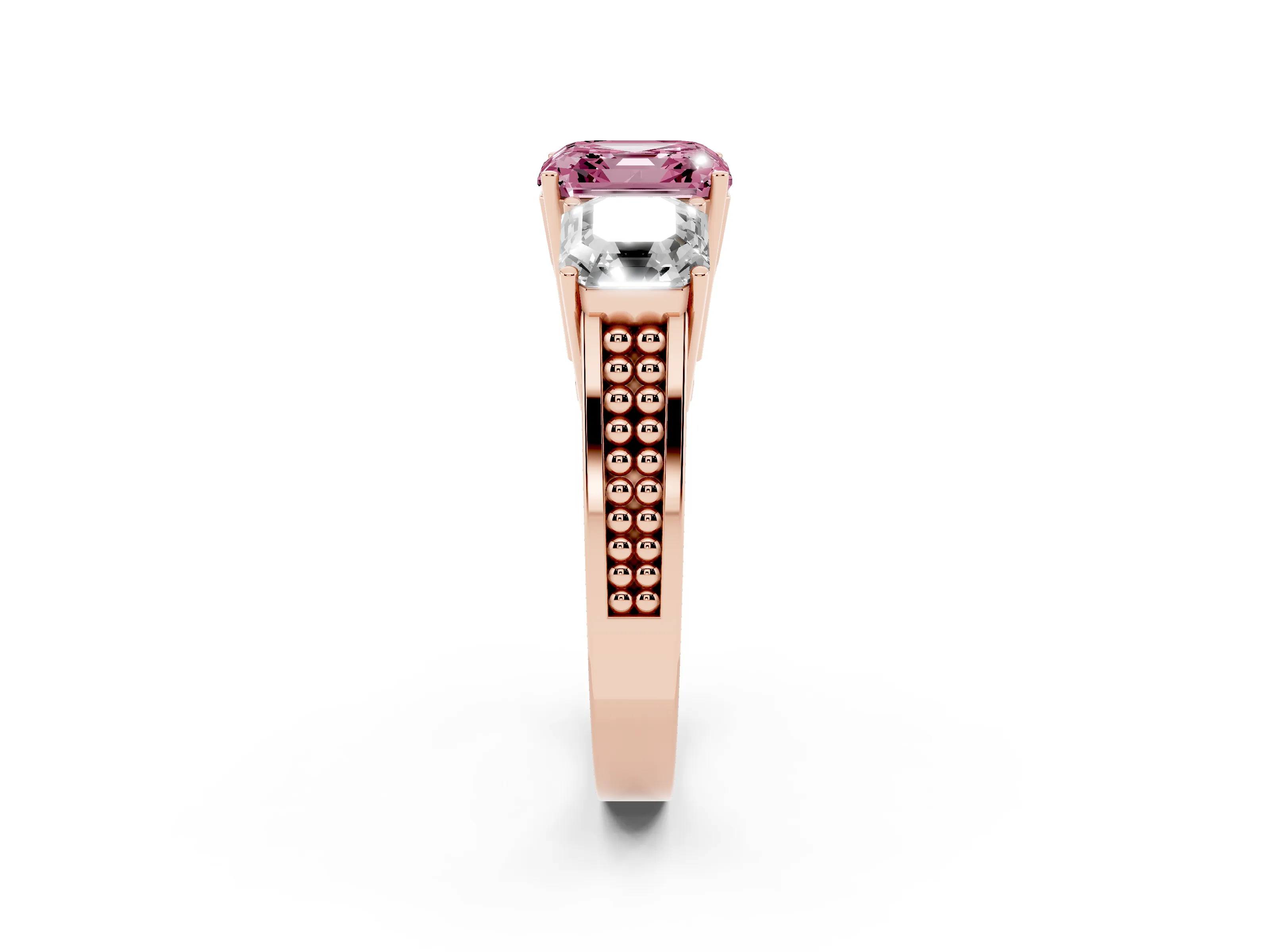Fancy Pink Asscher Cut Diamond Three-Stone Ring Set in Rose gold with Textured Band