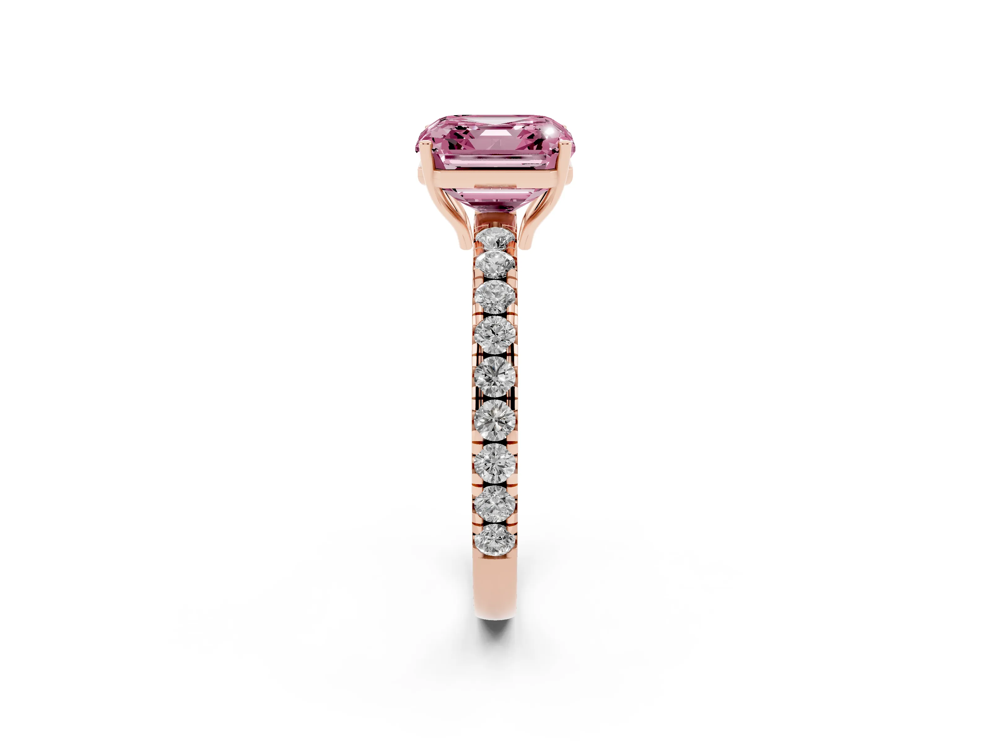 Fancy Pink Asscher Cut Diamond Pavé Solitaire Engagement Ring Set in Rose gold with Prong Setting