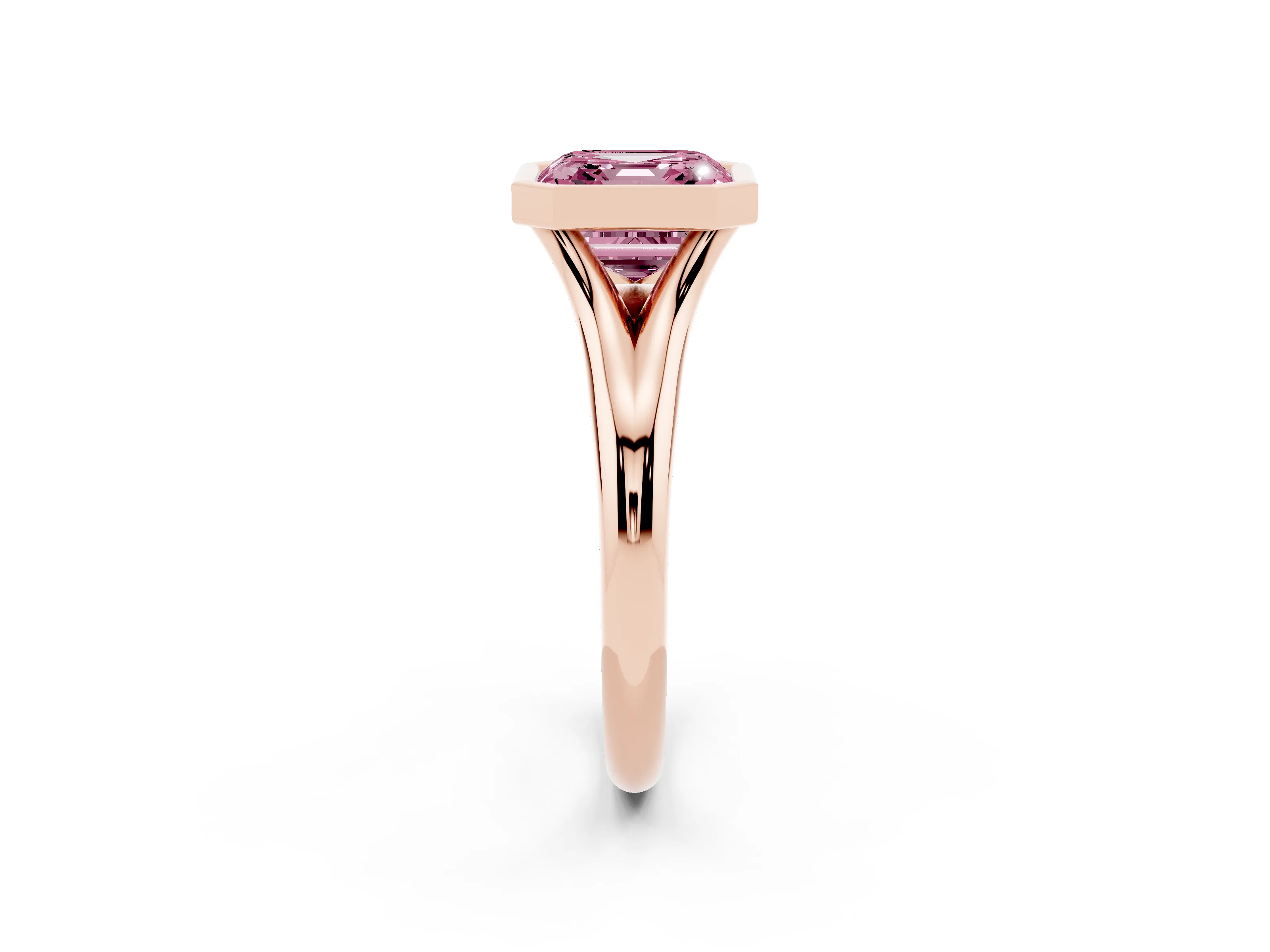Fancy Pink Bezel Set Asscher Cut Diamond Solitaire Ring Set in Rose gold with Smooth Band