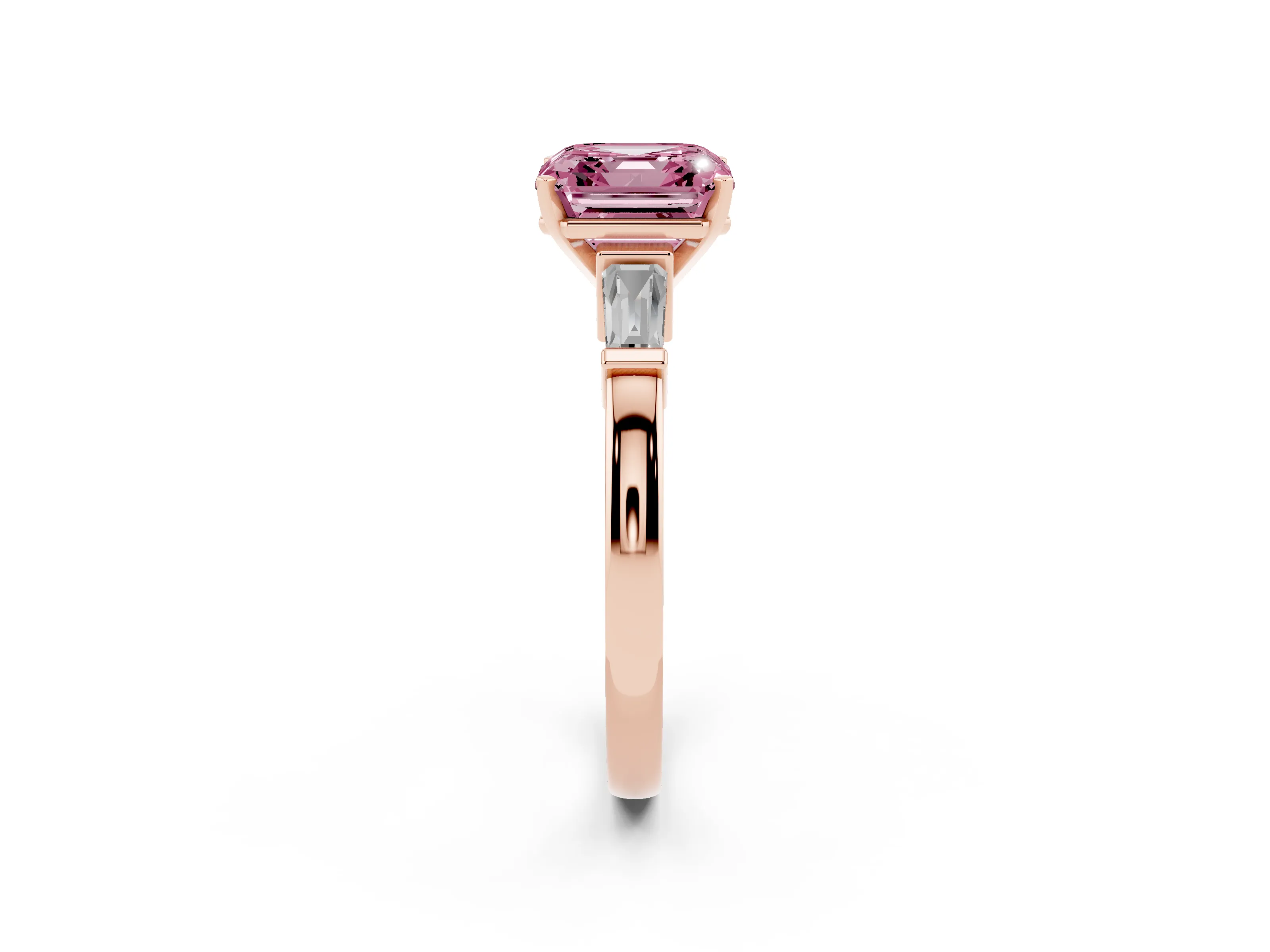 Fancy Pink Asscher Cut Diamond Solitaire Ring Set in Rose gold with Tapered Baguette Accents and Prong Setting