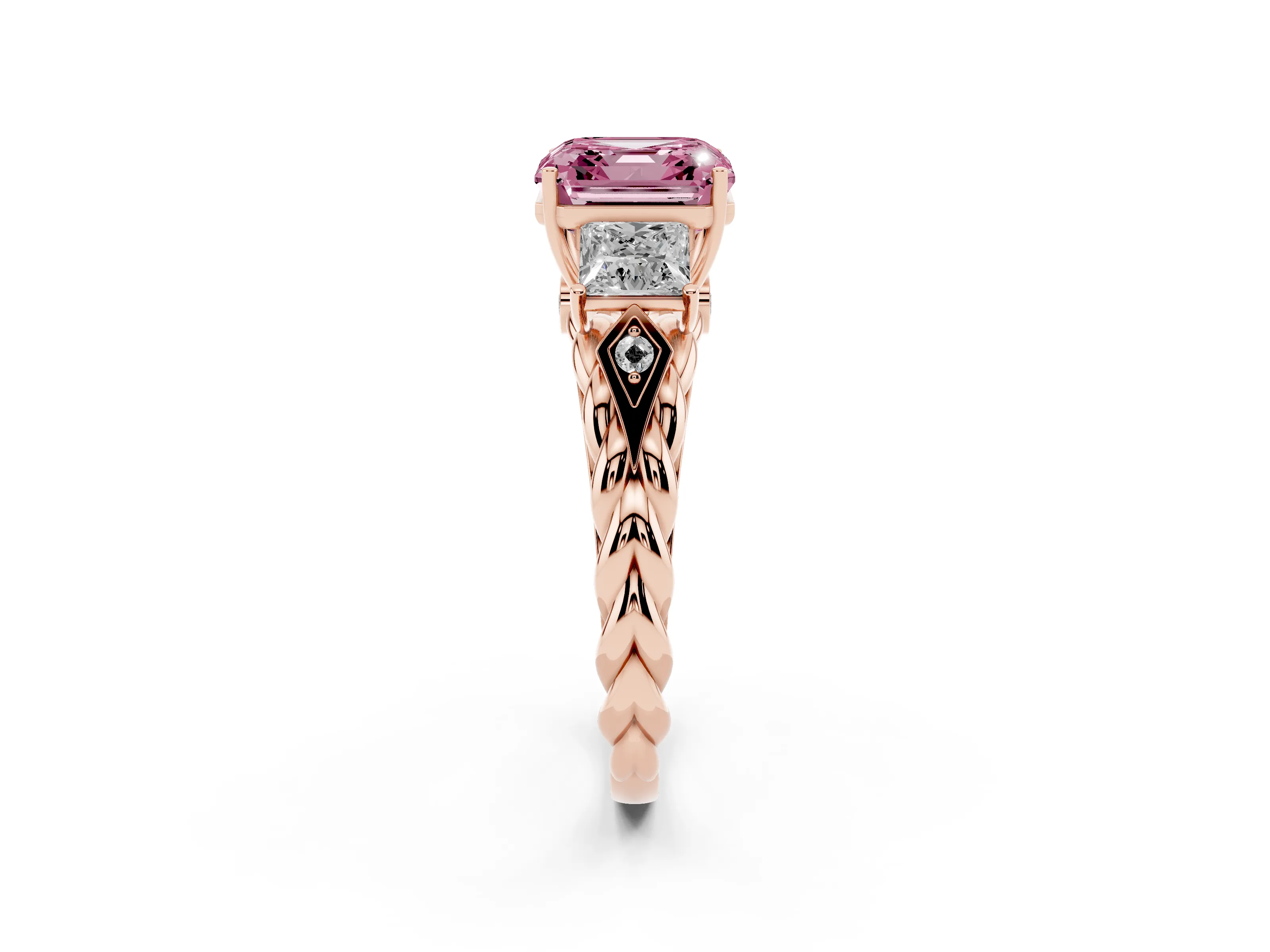 Fancy Pink Asscher Cut Diamond Three-Stone Ring Set in Rose gold with Braided Band
