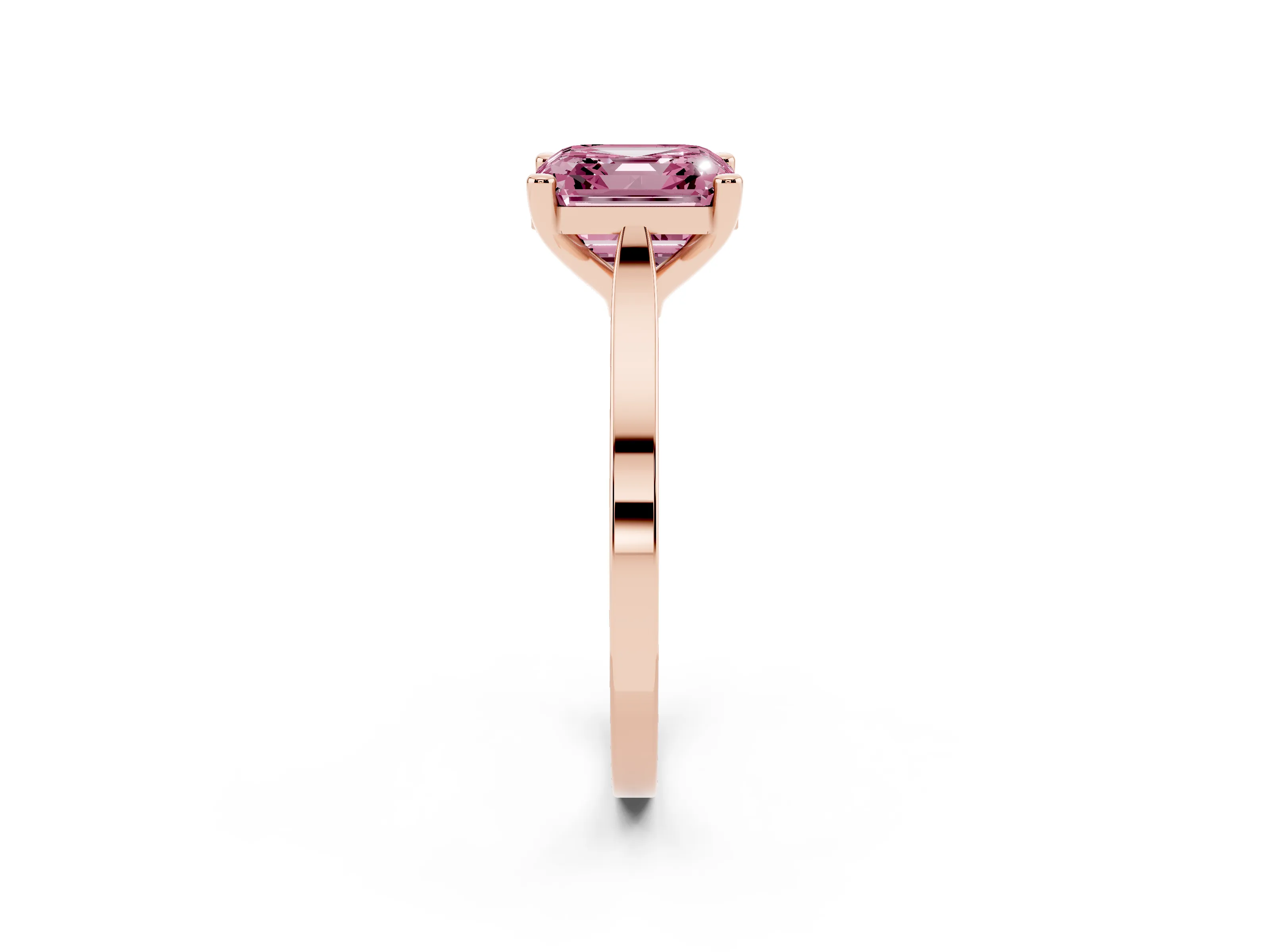 Fancy Pink Asscher Cut Diamond Solitaire Ring Set in Rose gold with Prong Setting and Tapered Band