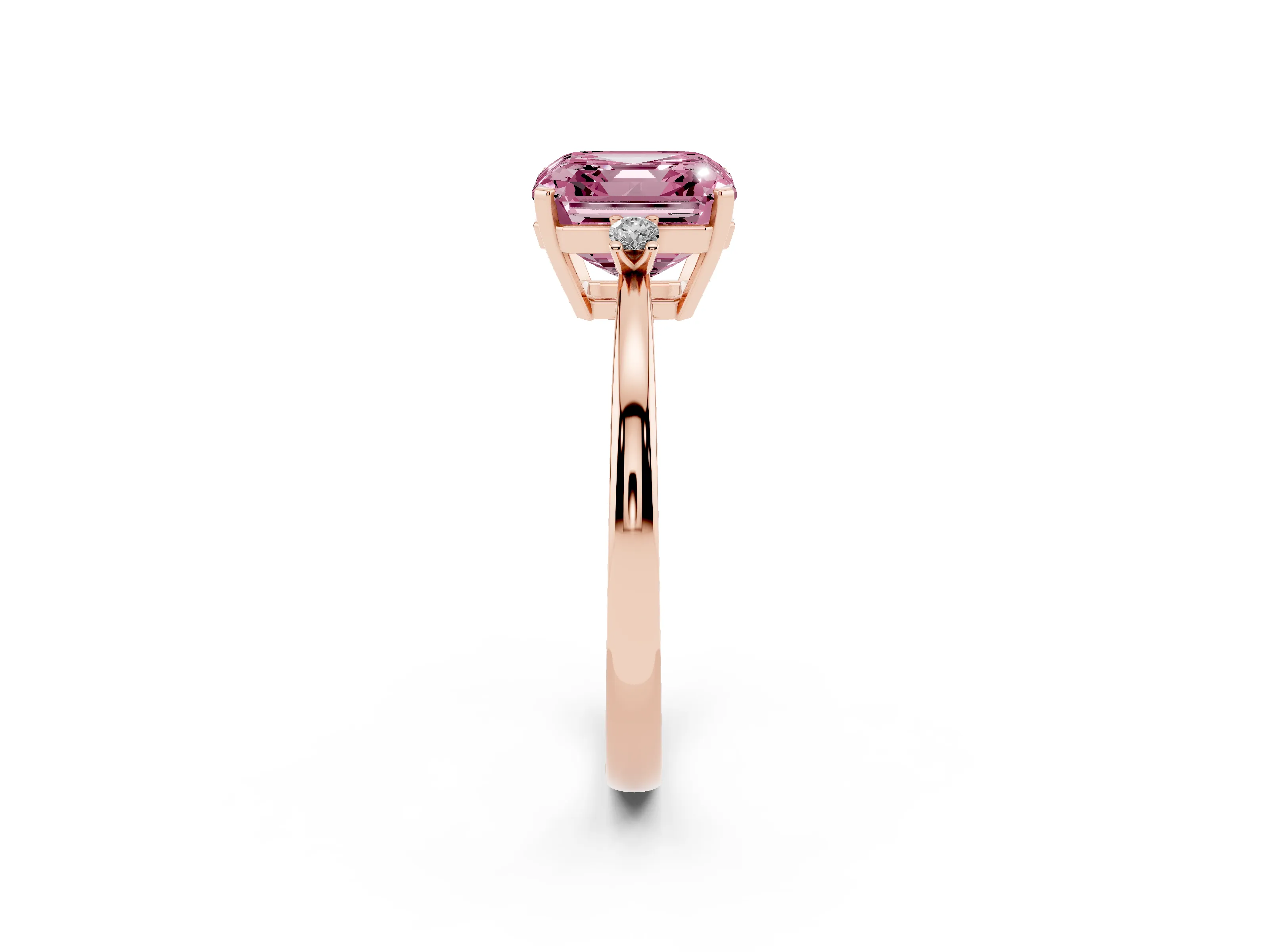 Fancy Pink Three-Stone Asscher Cut Diamond Solitaire Ring Set in Rose gold with Round Accent Stones and Prong Setting