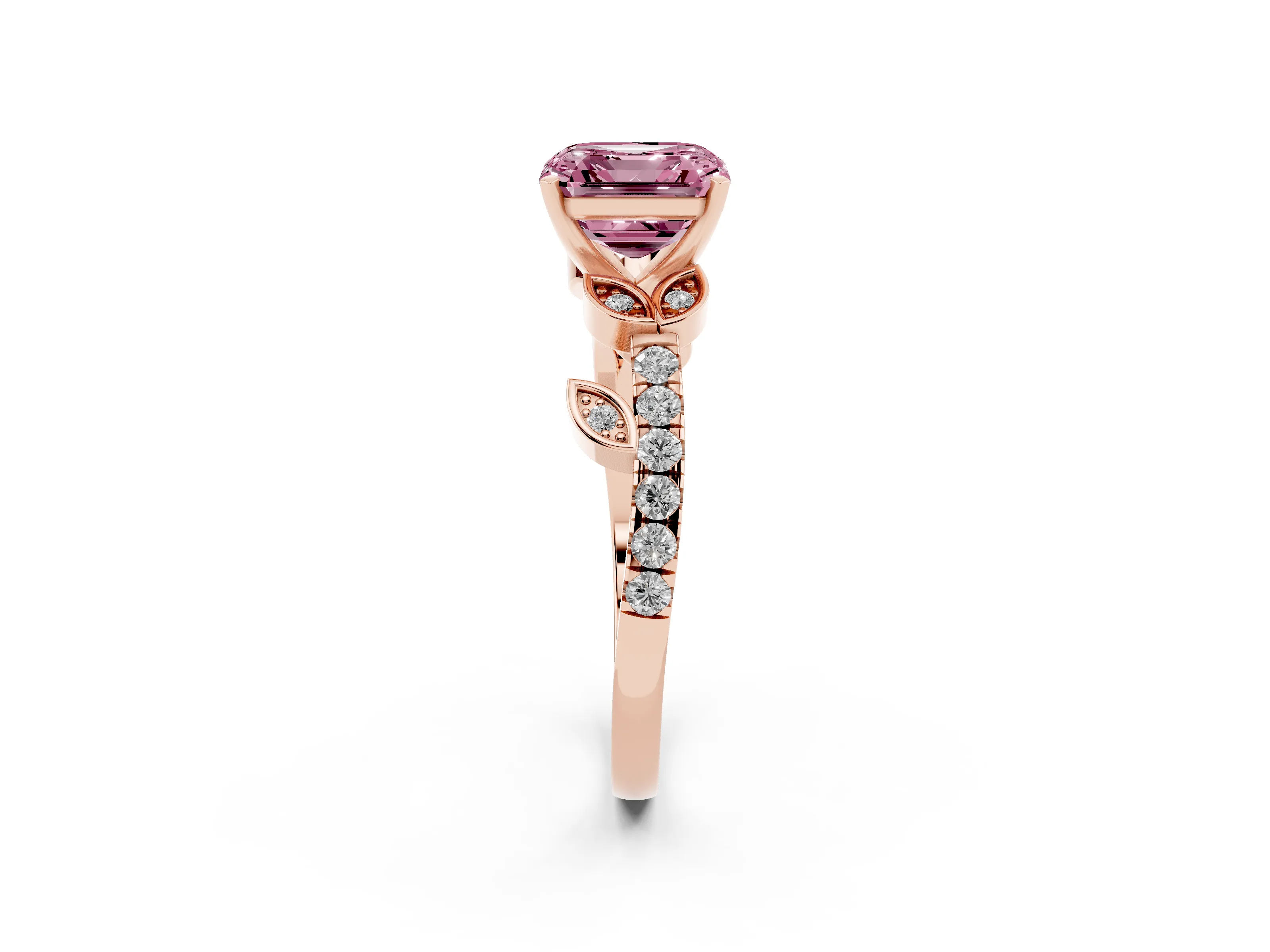 Fancy Pink Asscher Cut Diamond Solitaire Leaf-Inspired Ring Set in Rose gold with Pavé Band and Prong Setting