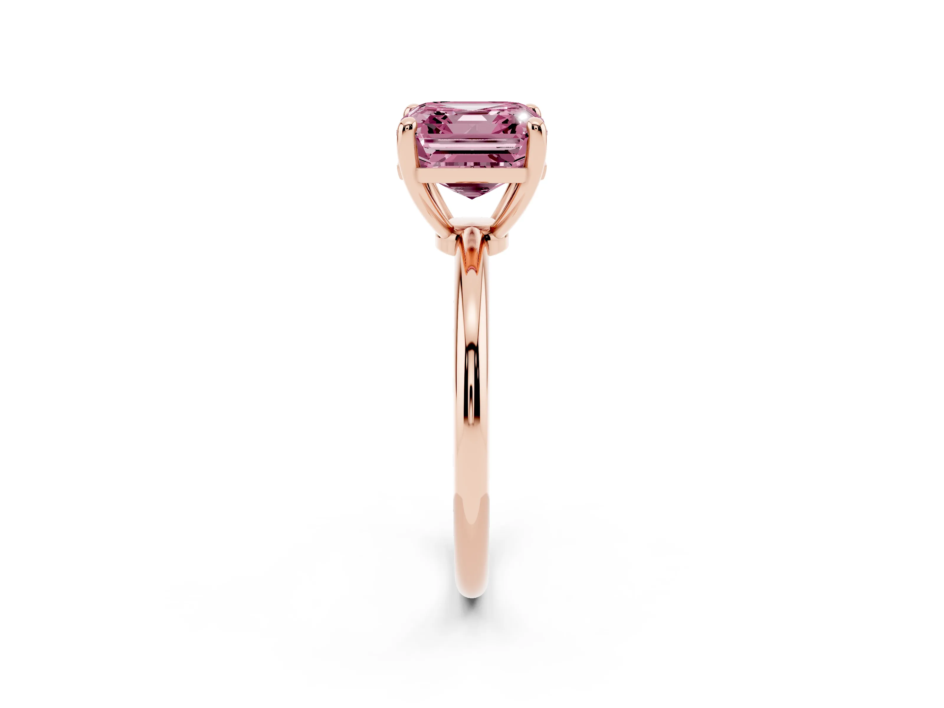 Fancy Pink Asscher Cut Diamond Solitaire Ring Set in Rose gold with Secure Prong Setting on a Classic Band