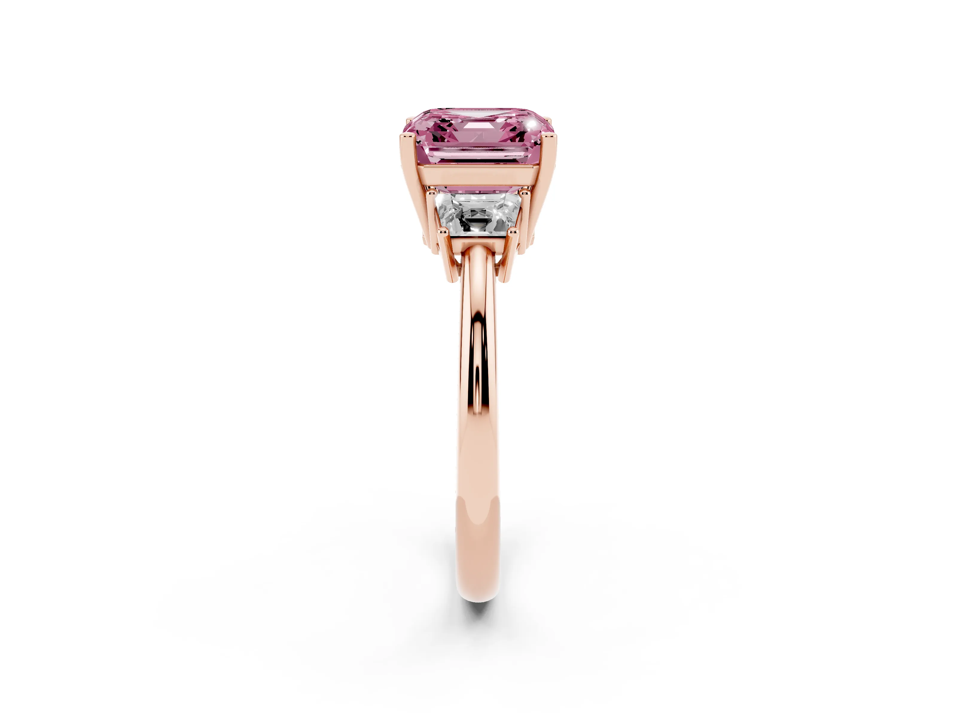 Fancy Pink Asscher Cut Diamond Three-Stone Ring Set in Rose gold with Trapezoid Side Stones and Prong Setting