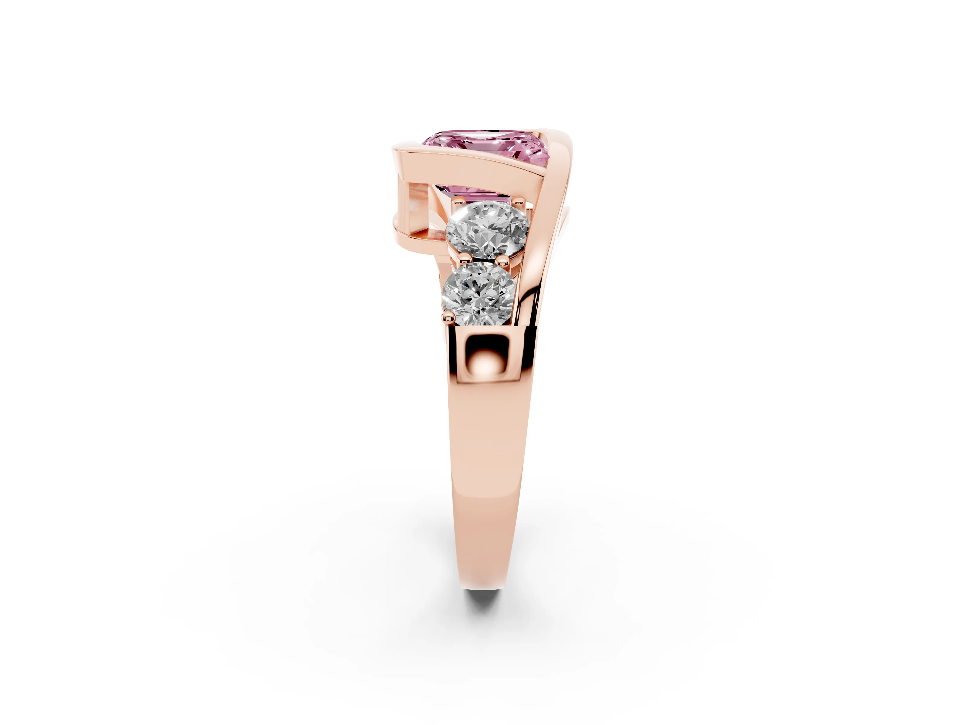 Fancy Pink Asscher Cut Diamond Bezel Bypass Ring Set in Rose gold with Round Accents