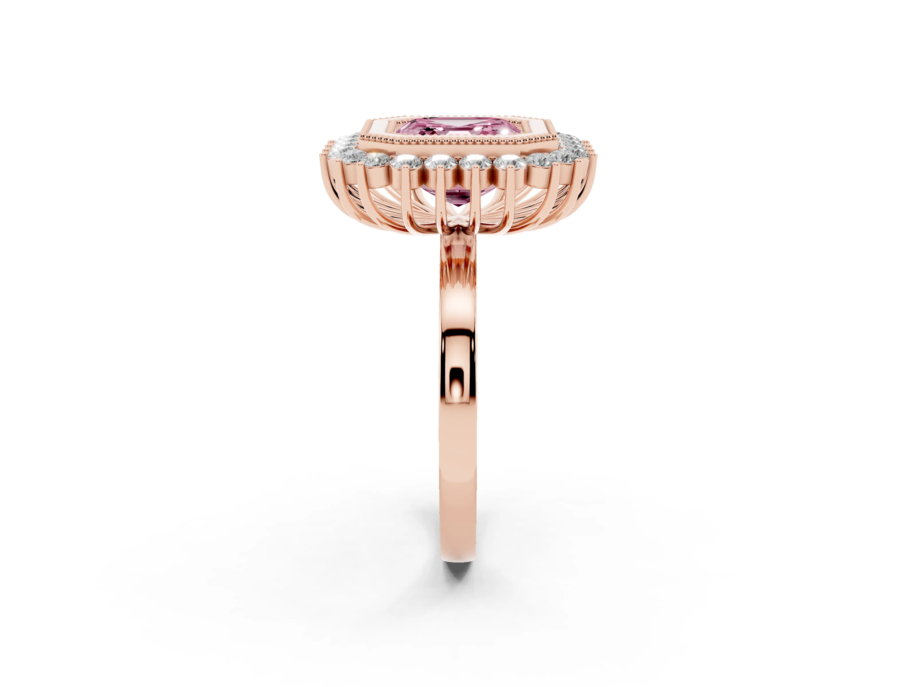 Fancy Pink Asscher Cut Diamond Halo Ring Set in Rose gold with Milgrain Edge and Round Prong Setting