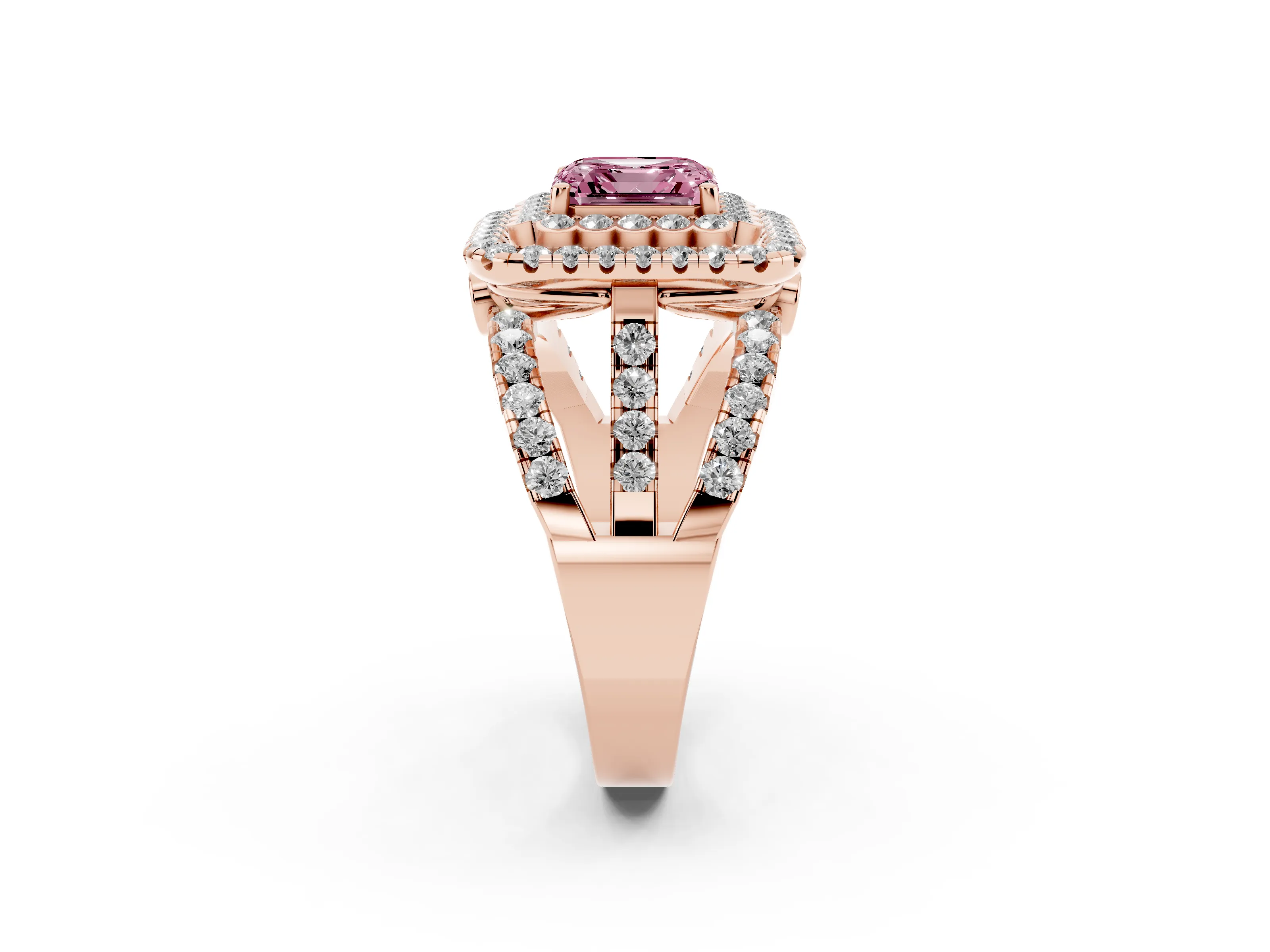 Fancy Pink Asscher Cut Diamond Double Halo Ring Set in Rose gold with Round Pavé Split Shank