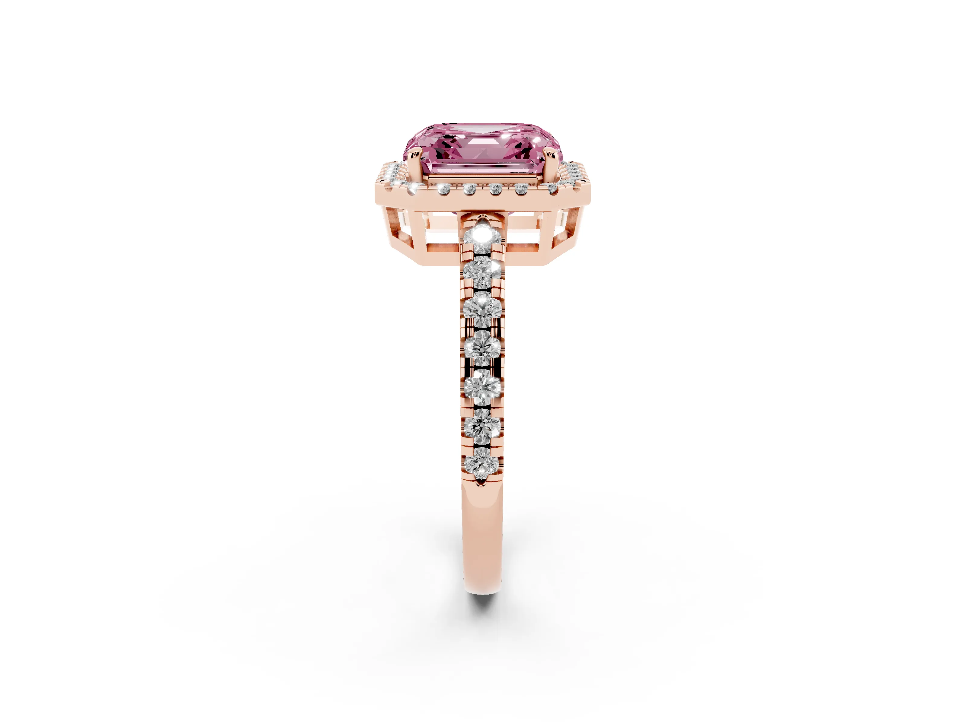 Fancy Pink Asscher Cut Diamond Halo Ring Set in Rose gold with Delicate Pavé Band and Prong Setting