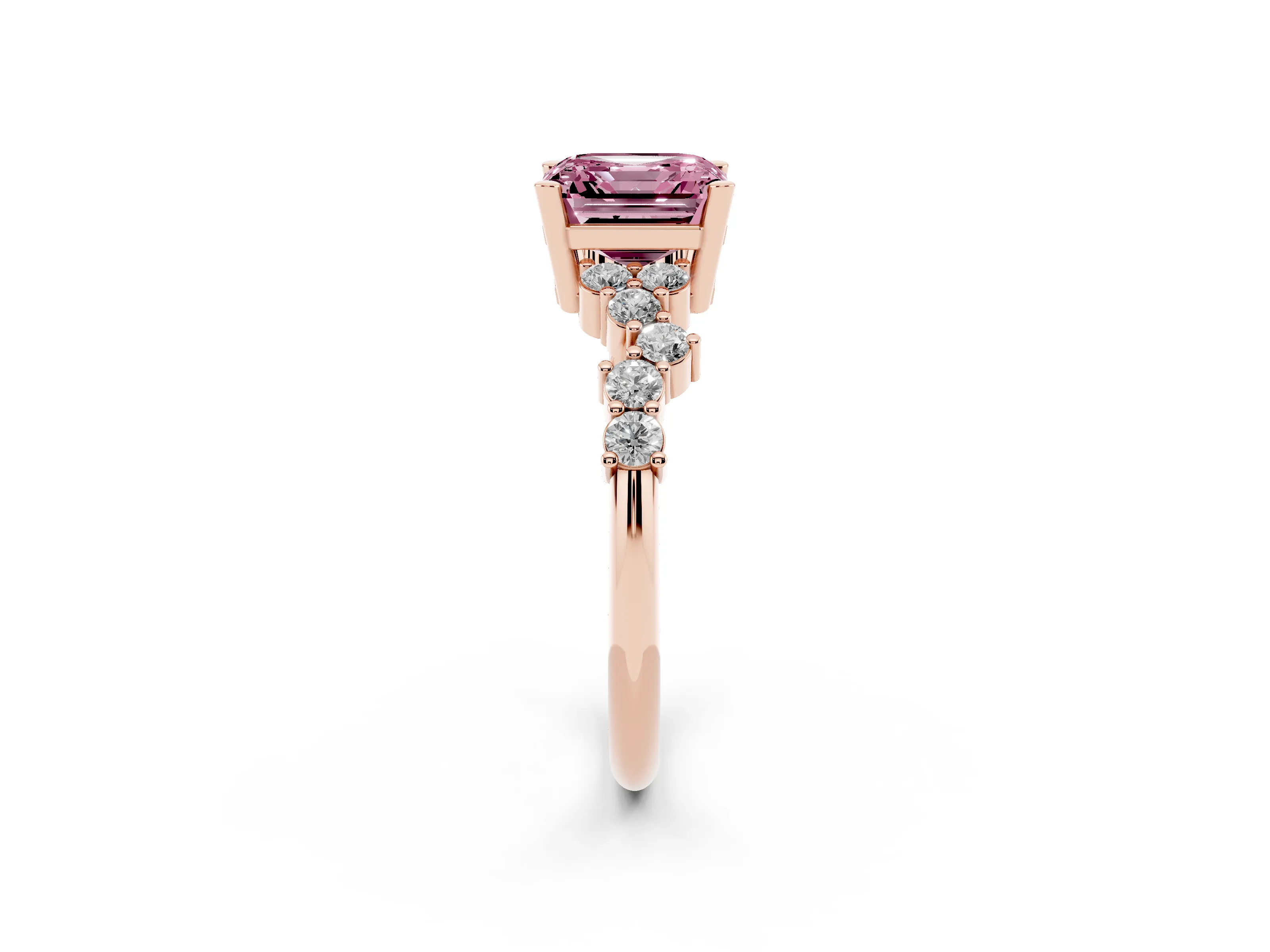 Fancy Pink Asscher Cut Diamond Ring Set in Rose gold with Scattered Round Accents